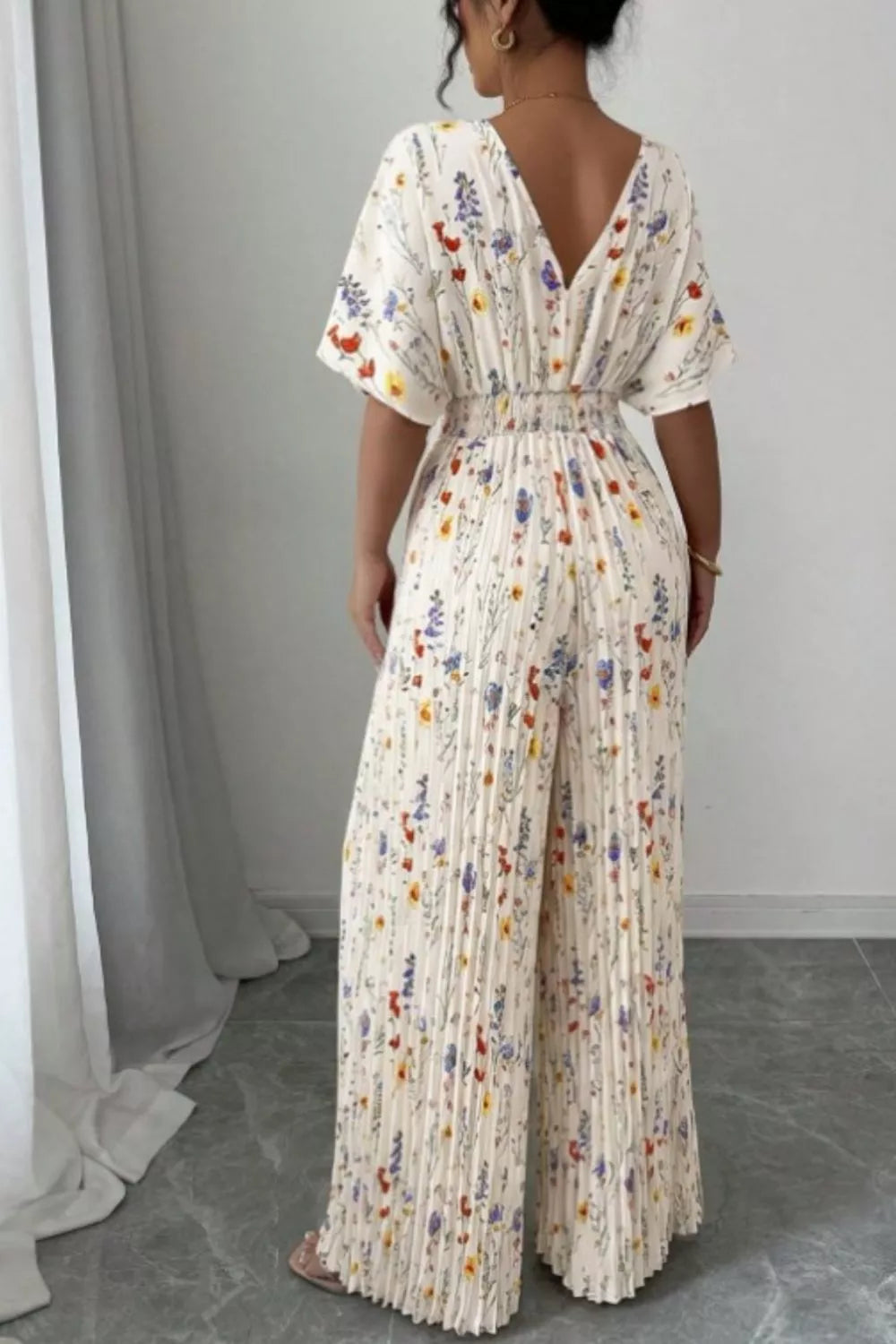 Floral Print Wide Leg Pleated Jumpsuit