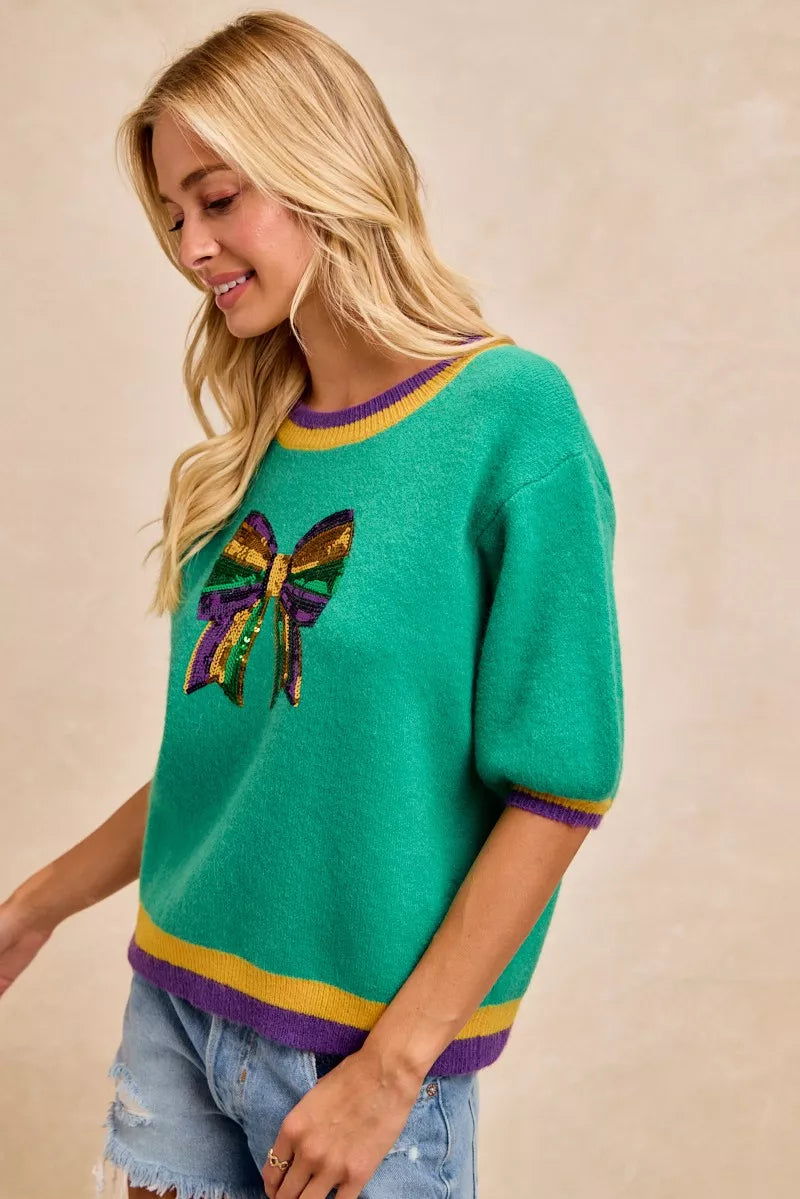BiBi Mardi Gras Sequin Ribbon Patched Sweater