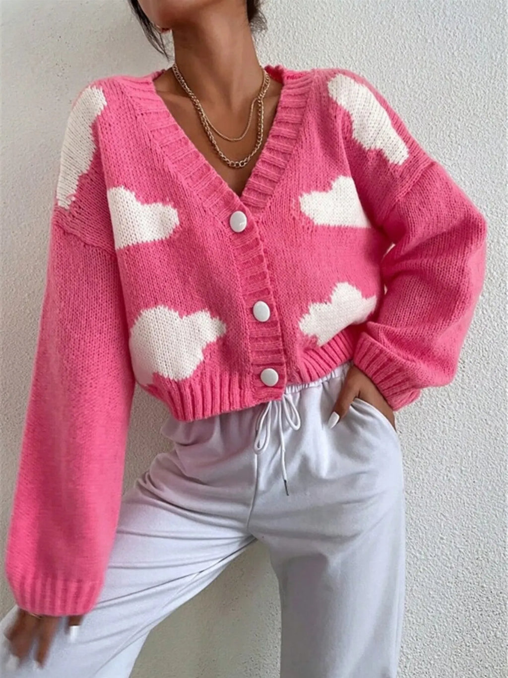 Contrast Cloud Pattern Cropped Button-Up Cardigan