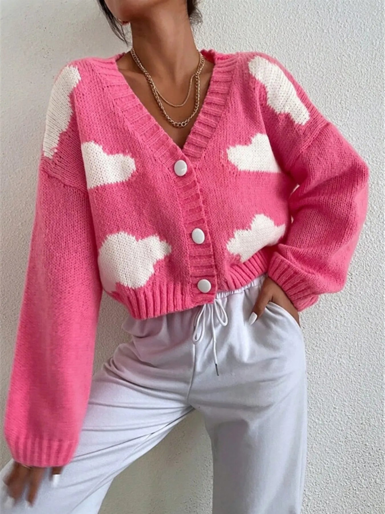 Contrast Cloud Pattern Cropped Button-Up Cardigan