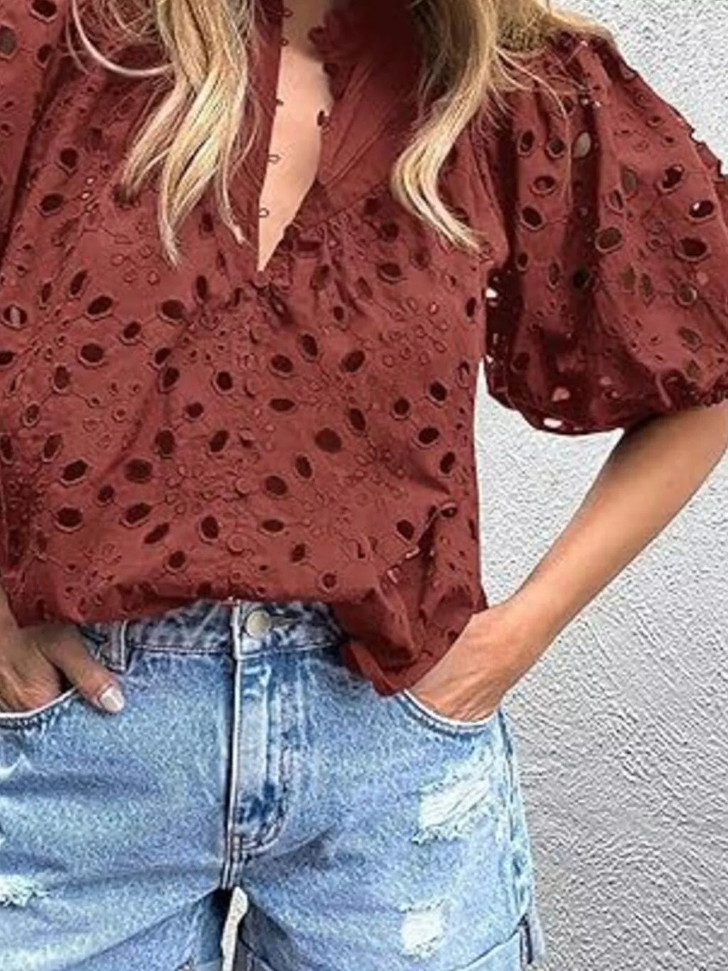 Eyelet Embroidered Puff Sleeve Blouse