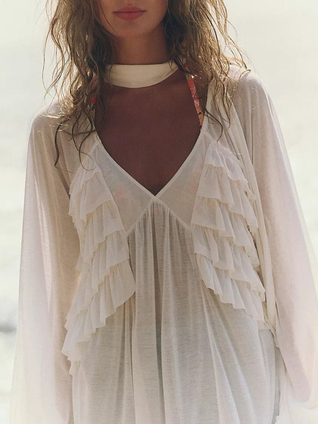 Sheer Ruffle Trim Beach Cover-Up