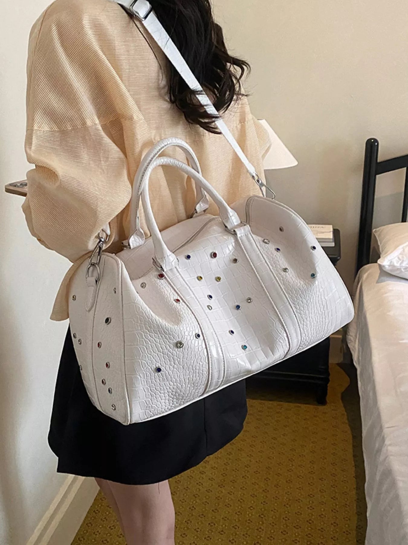 Crocodile Embossed Studded Travel Bag