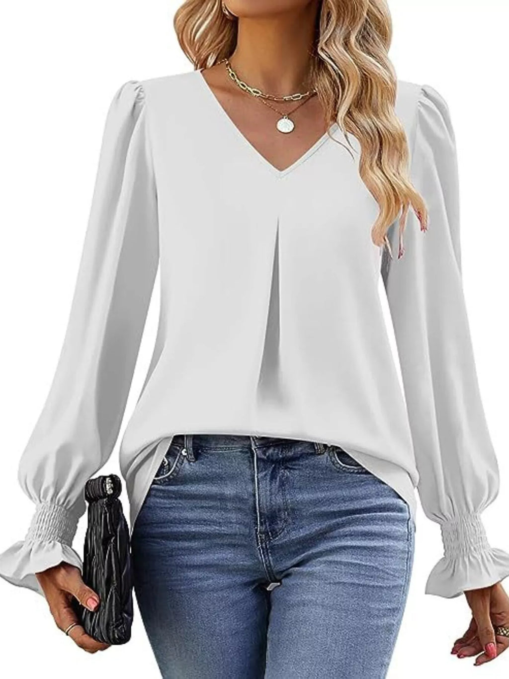 V-Neck Long Sleeve Ruffle Cuff Blouse