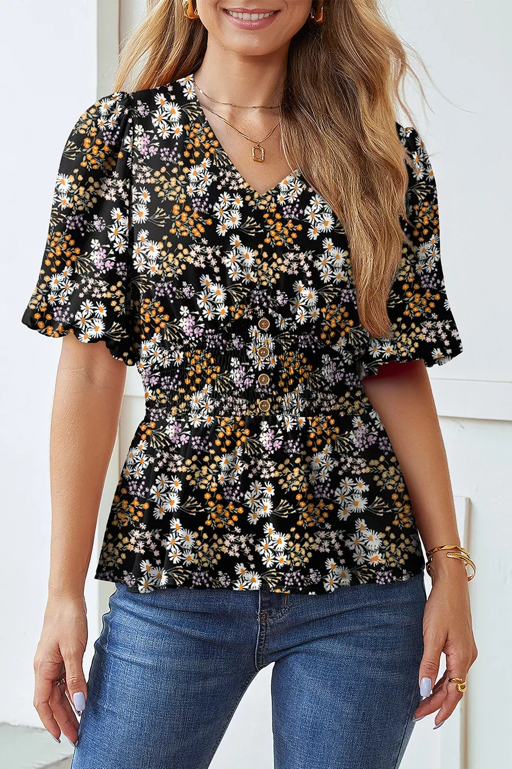 Floral Print V Neck Smocked Babydoll Blouse