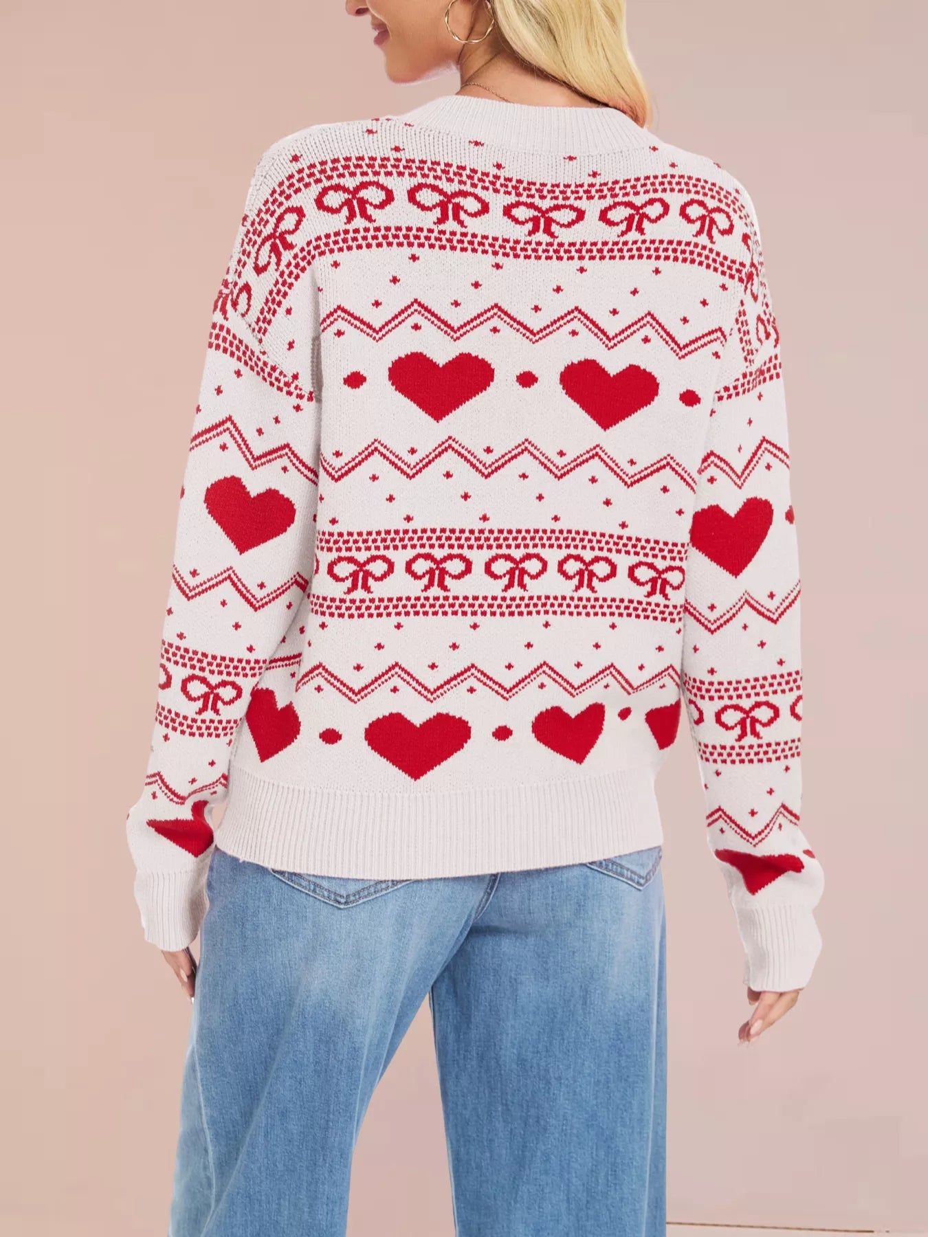 Heart & Bow Pattern Round Neck Sweater