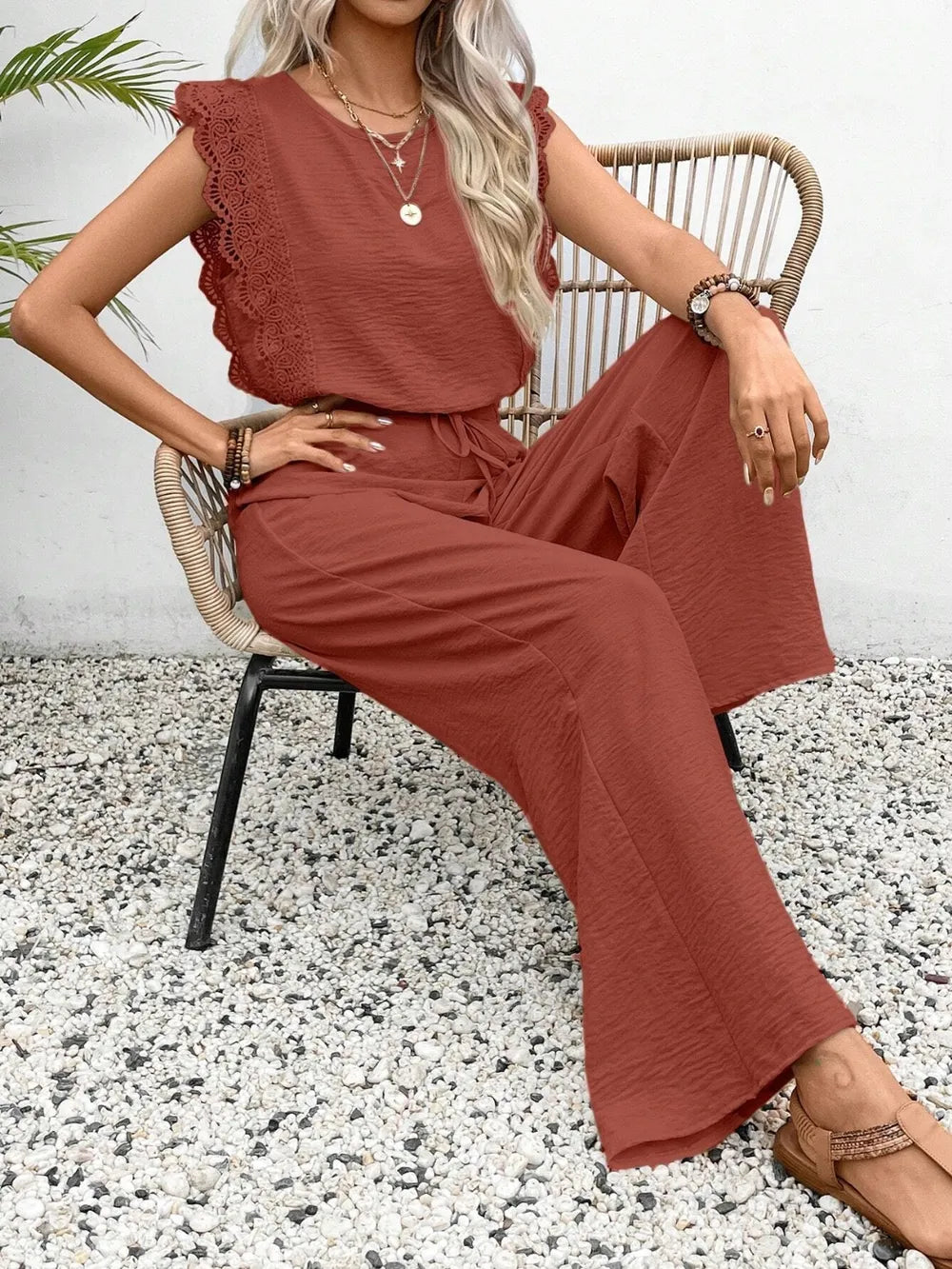 Lace Trim Round Neck Top and Pants Set