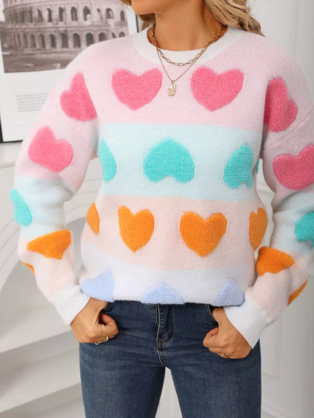 Valentine's Day Heart Pattern Fuzzy Knit Sweater