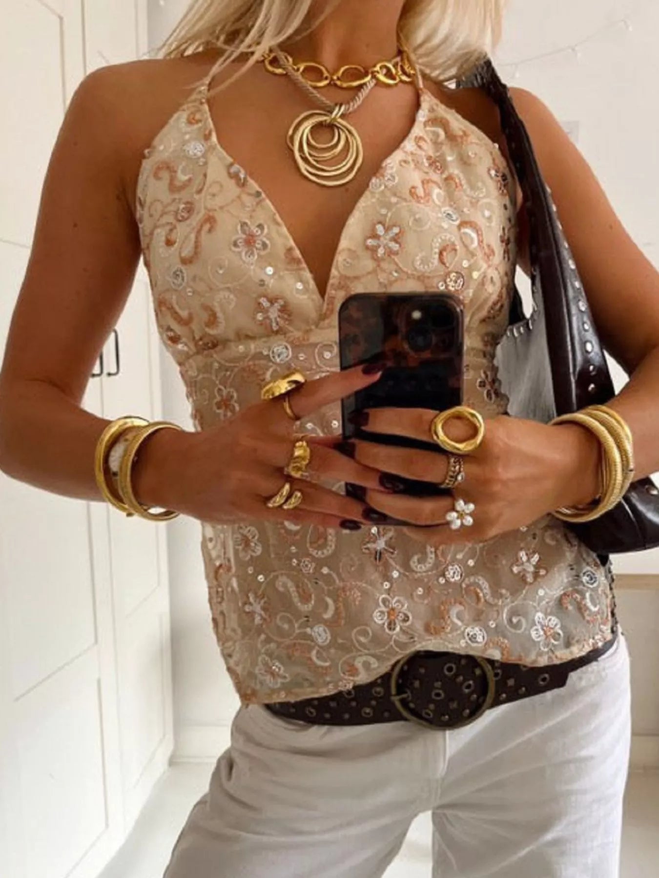 Sequin Embellished Halter Neck Cami