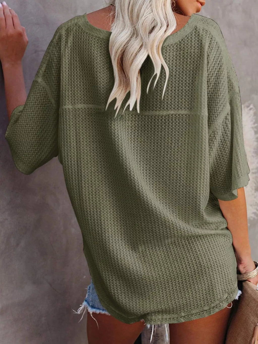 Waffle Knit V-Neck Short Sleeve T-Shirt