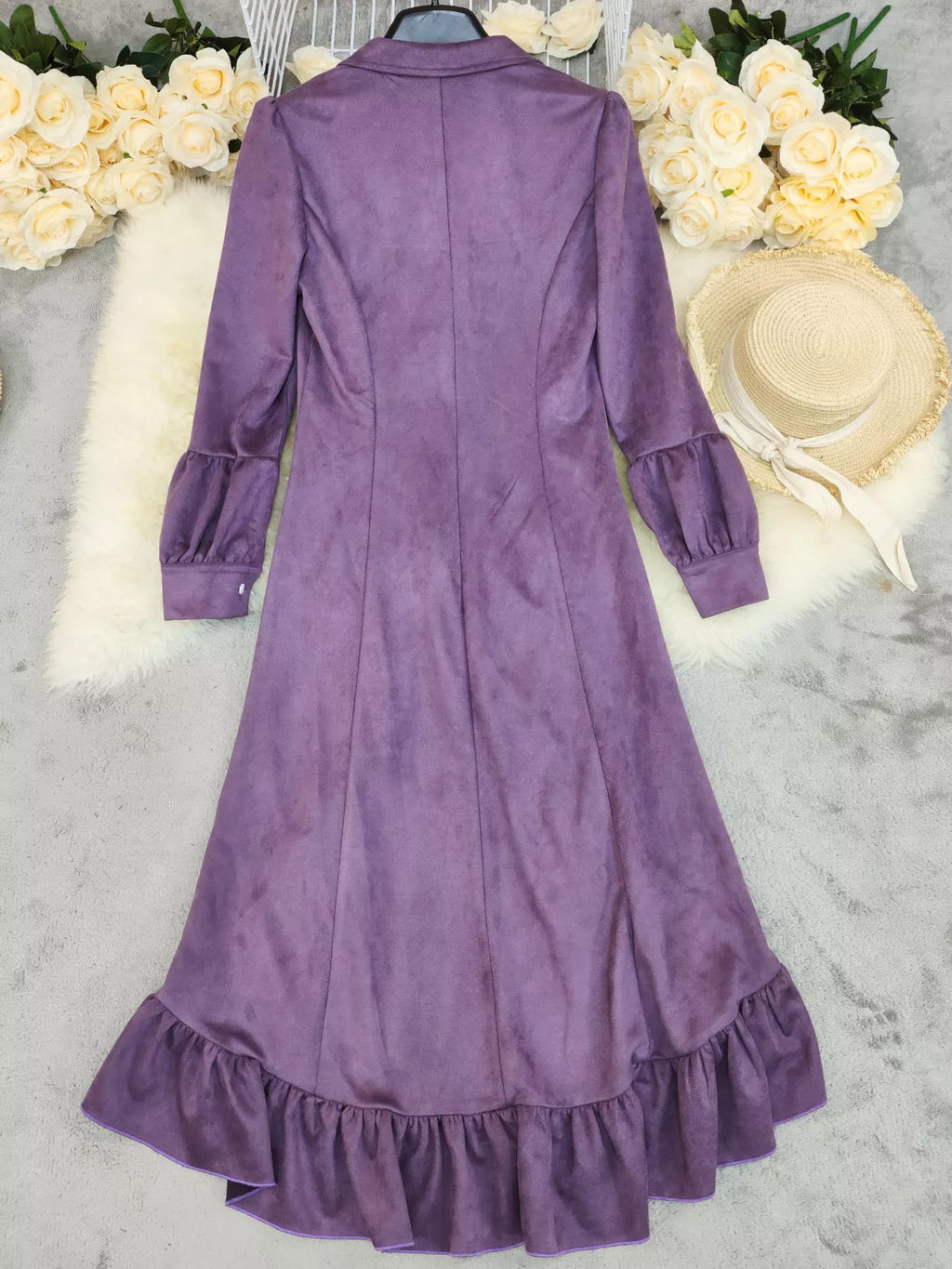 Velvet Ruffle Slit Midi Dress