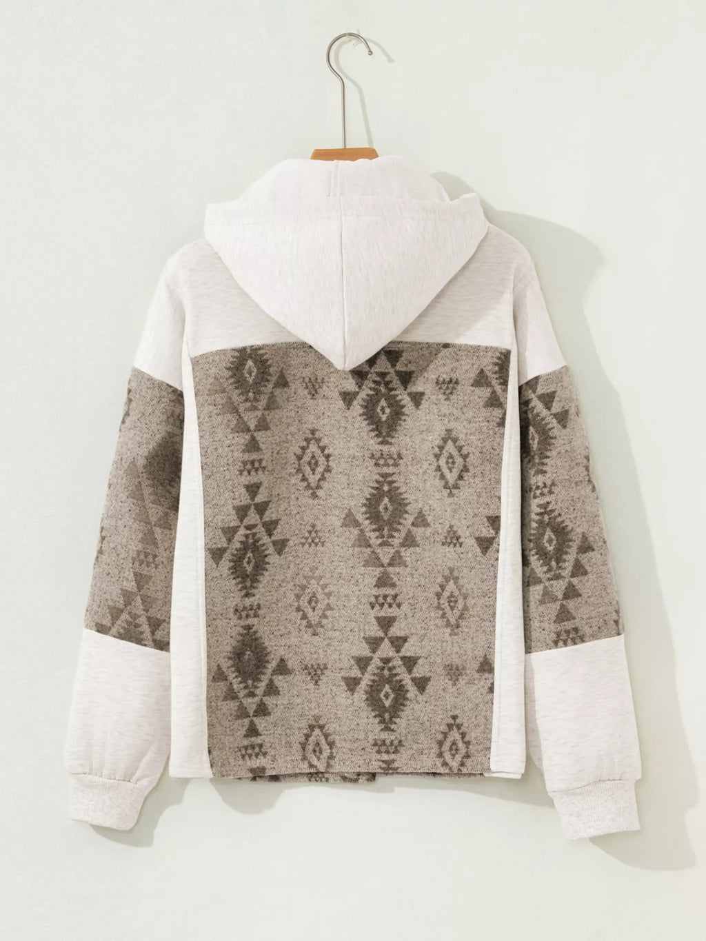 Western Aztec Print Color Block Patchwork Drawstring Hooded Shacket