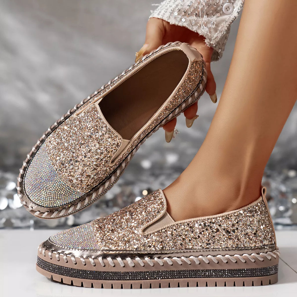 Rhinestone Sequin Round Toe Platform Loafers