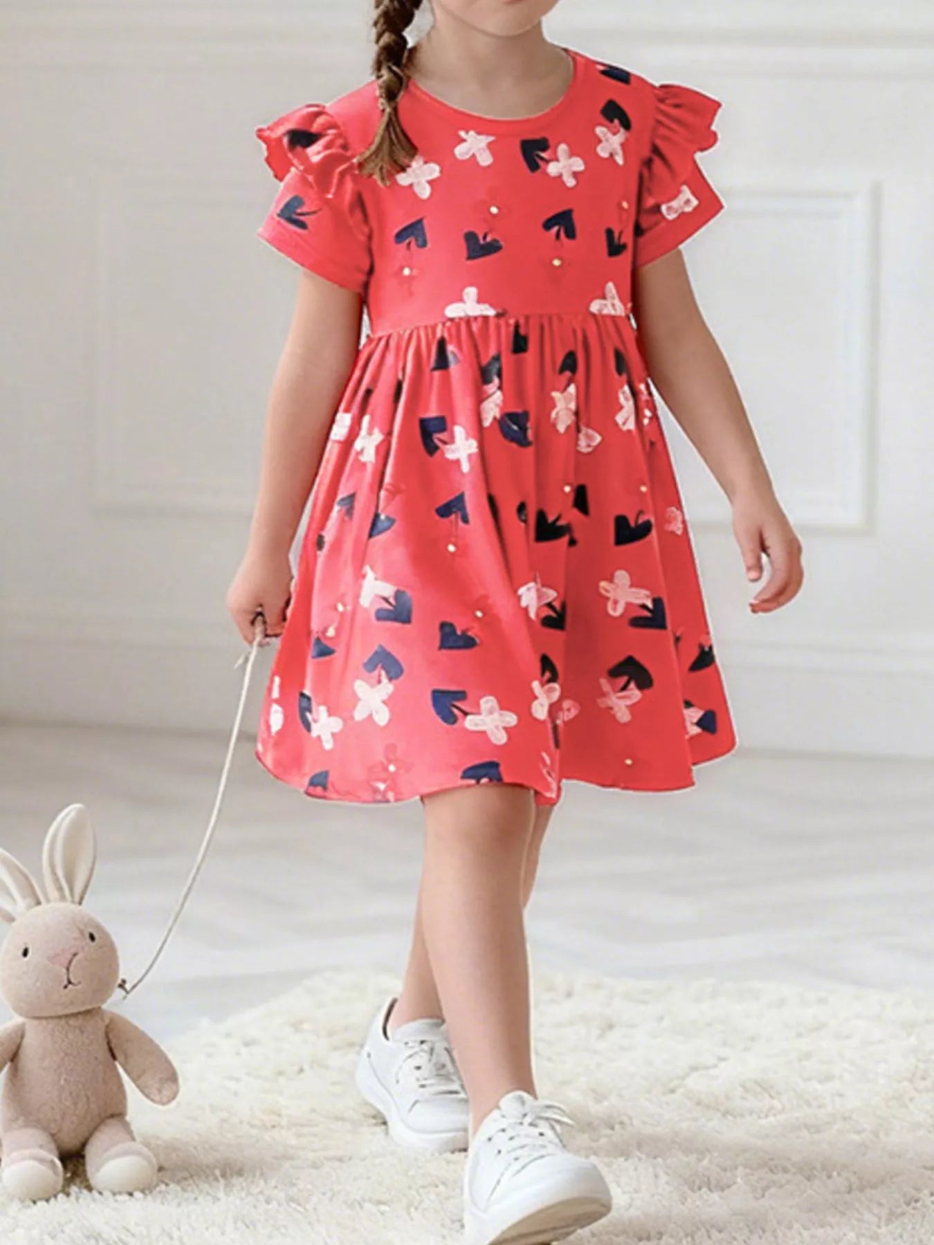 Children's Floral Print Ruffle Sleeve Casual Dress