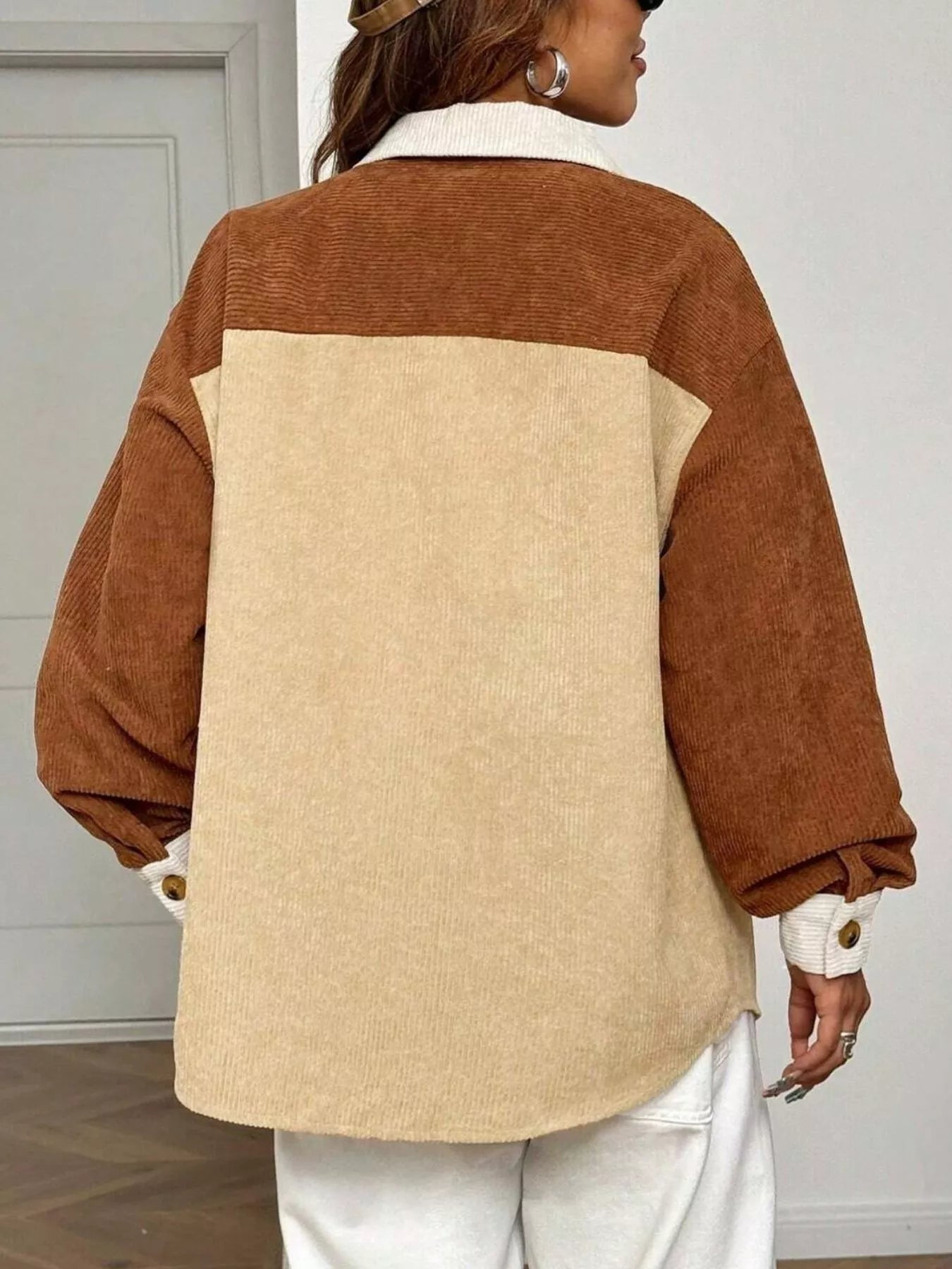 Color Block Corduroy Button-Up Jacket