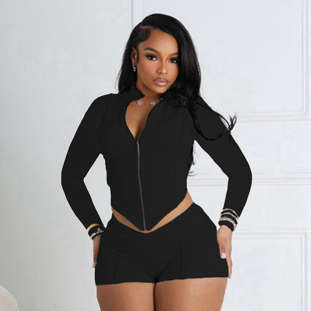 Turn-down Collar Long Sleeve Shorts Set for Women
