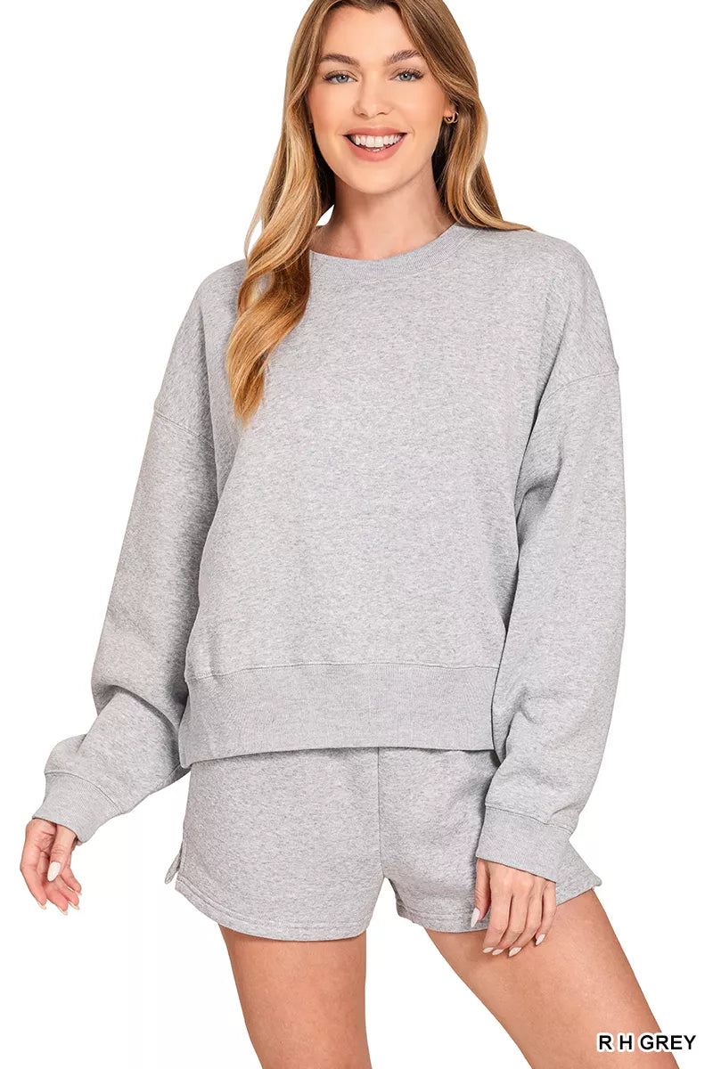 Zenana Fleece Round Neck Sweatshirt and Shorts Set