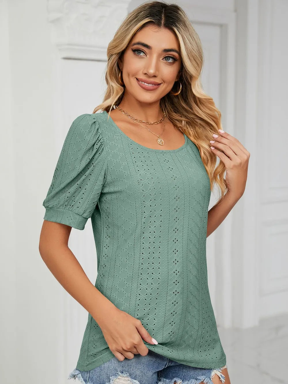 Ruched Notched Long Sleeve T-Shirt