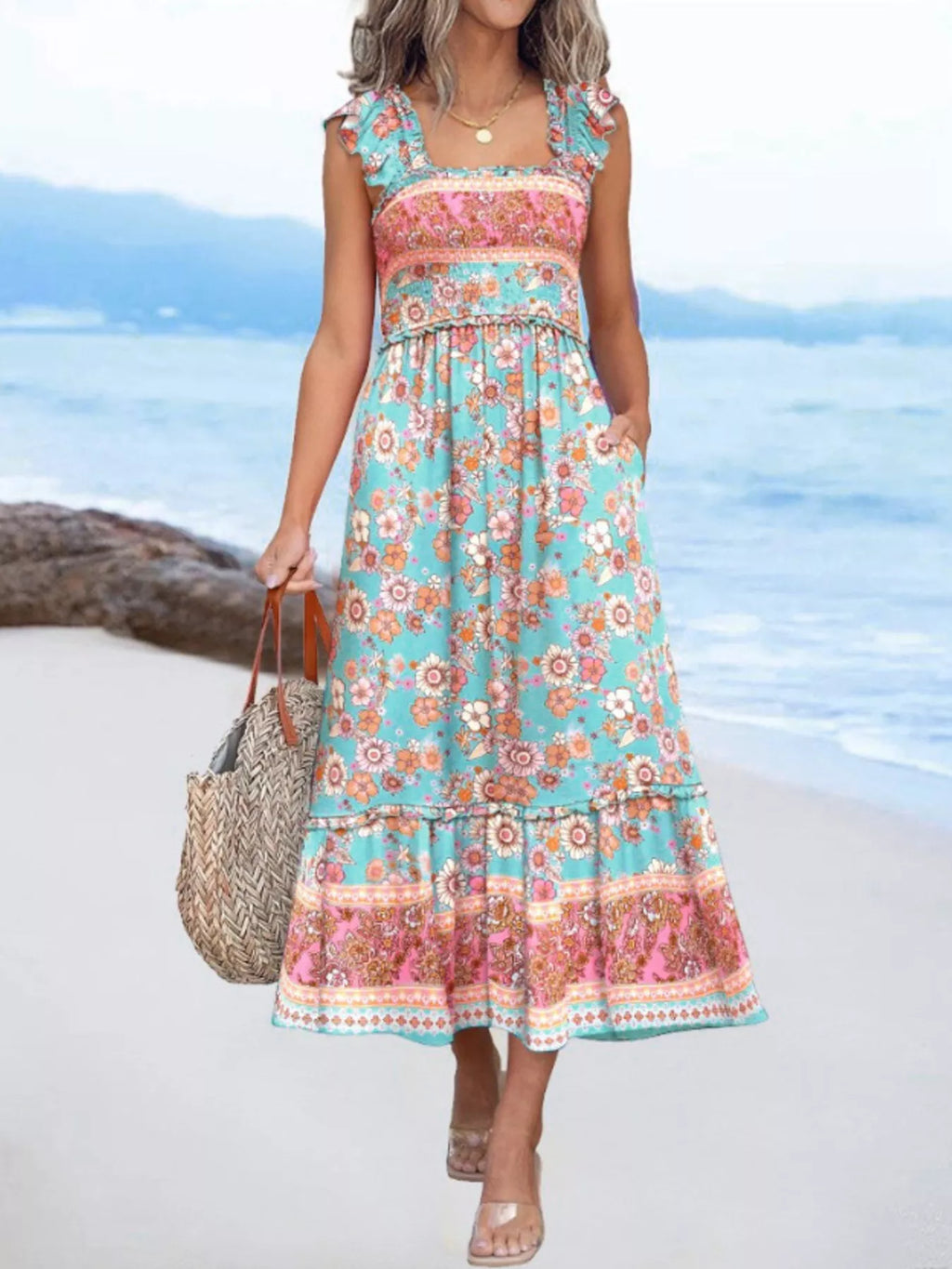 Tropical Palm Print Square Neck Midi Dress