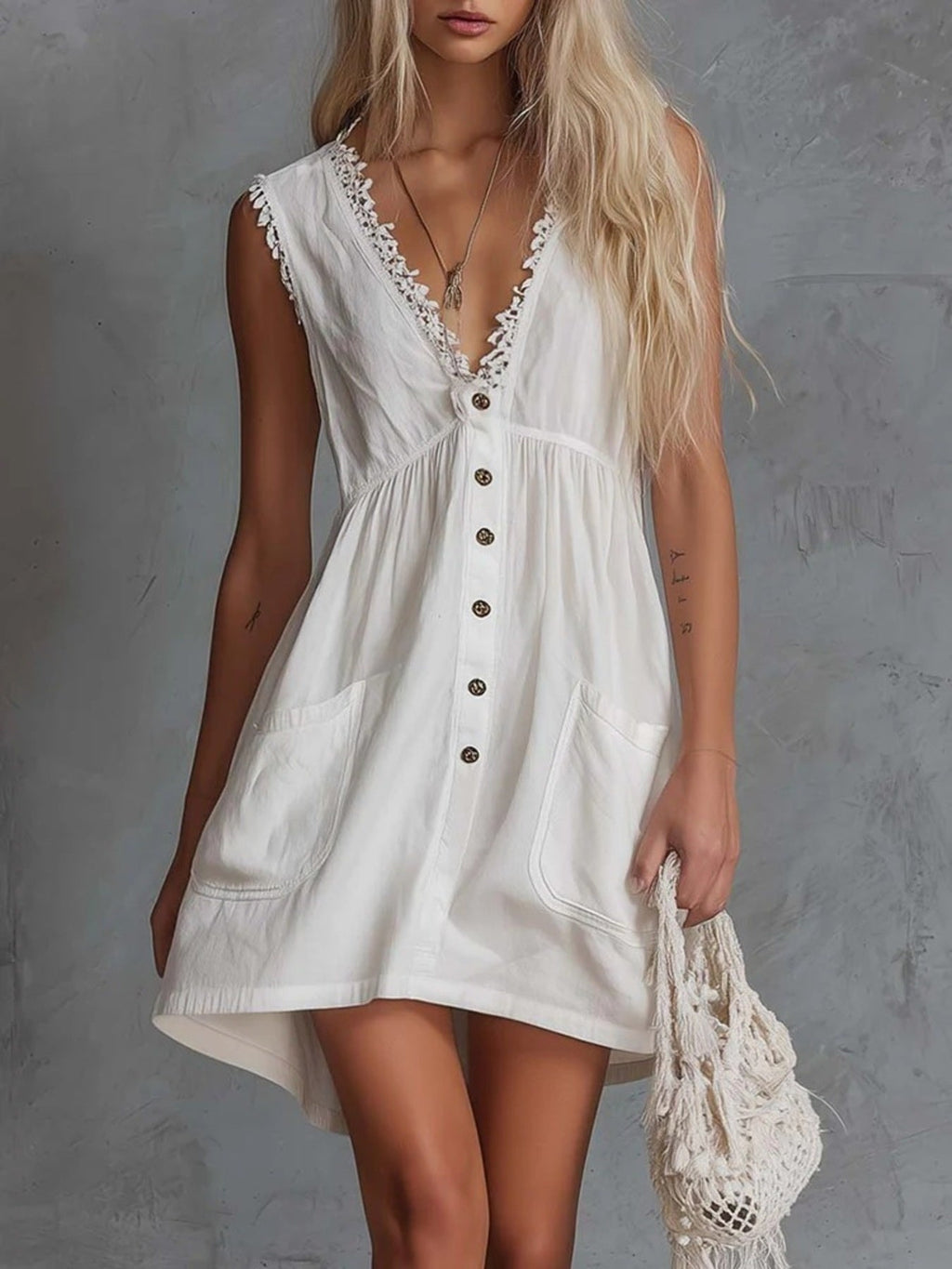 Sleeveless V-Neck Mini Dress with Pockets