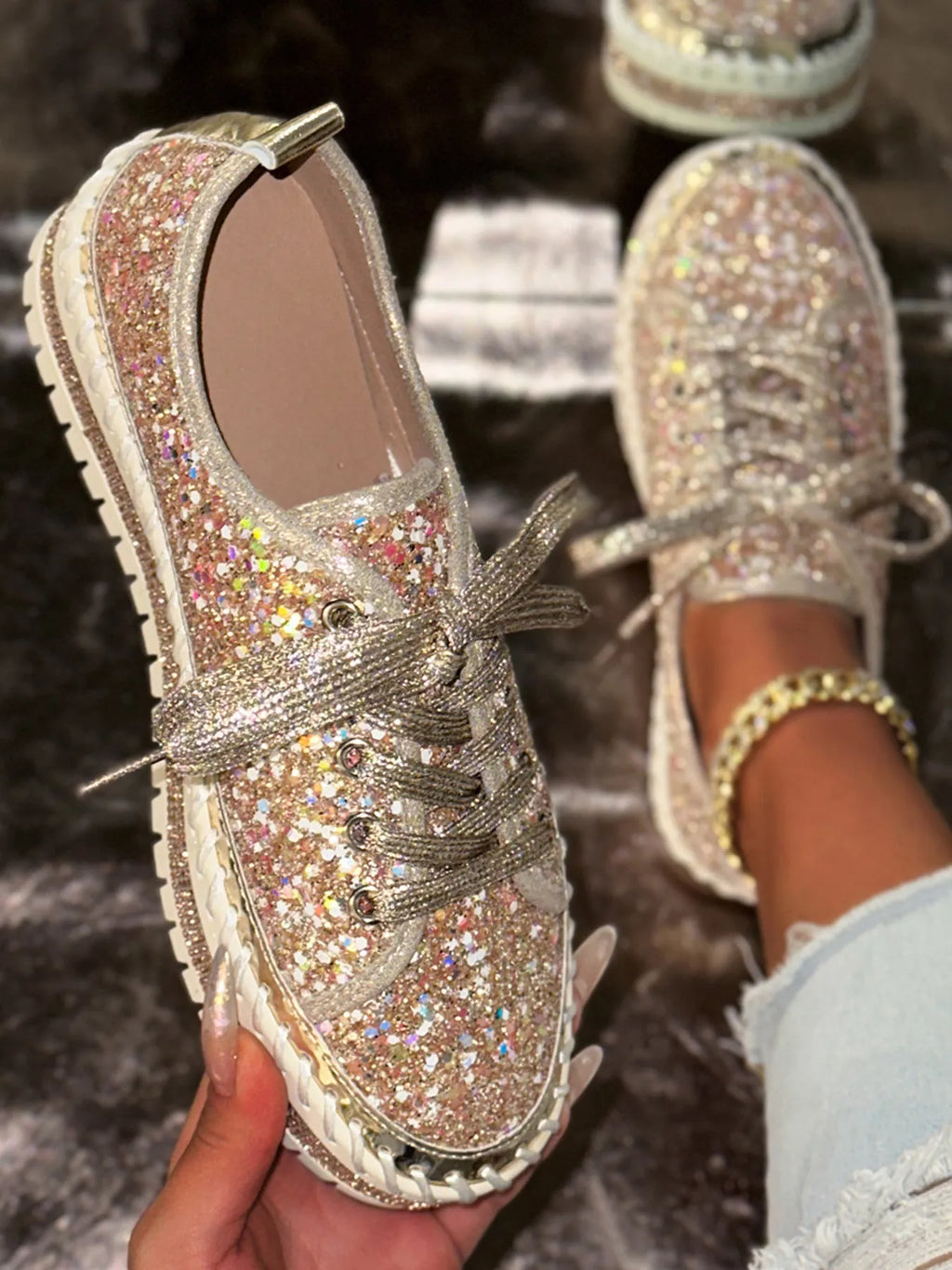 Metallic PU Leather Lace Up Platform Sneakers