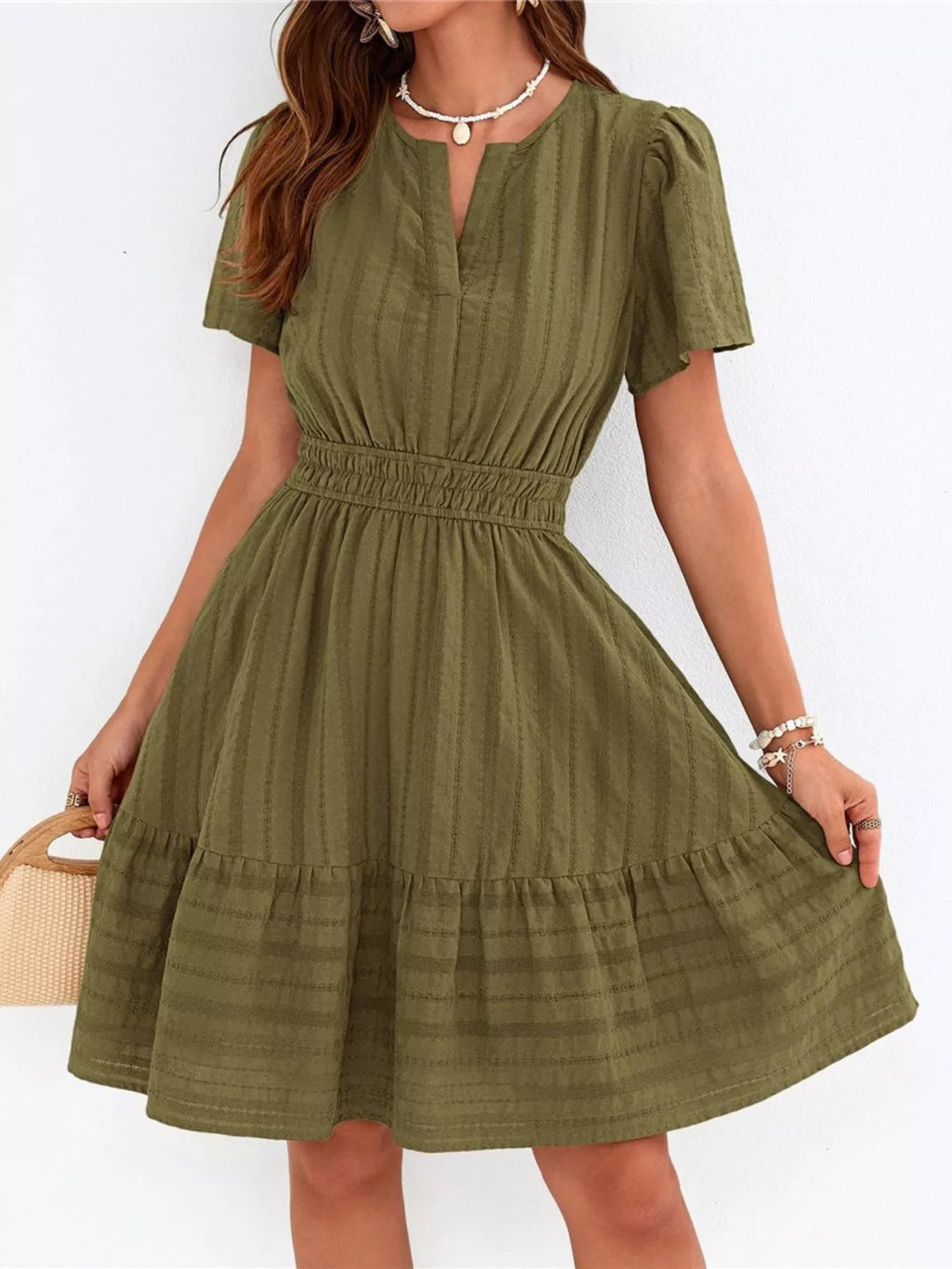 Short Sleeve Smocked Waist Tiered Dress