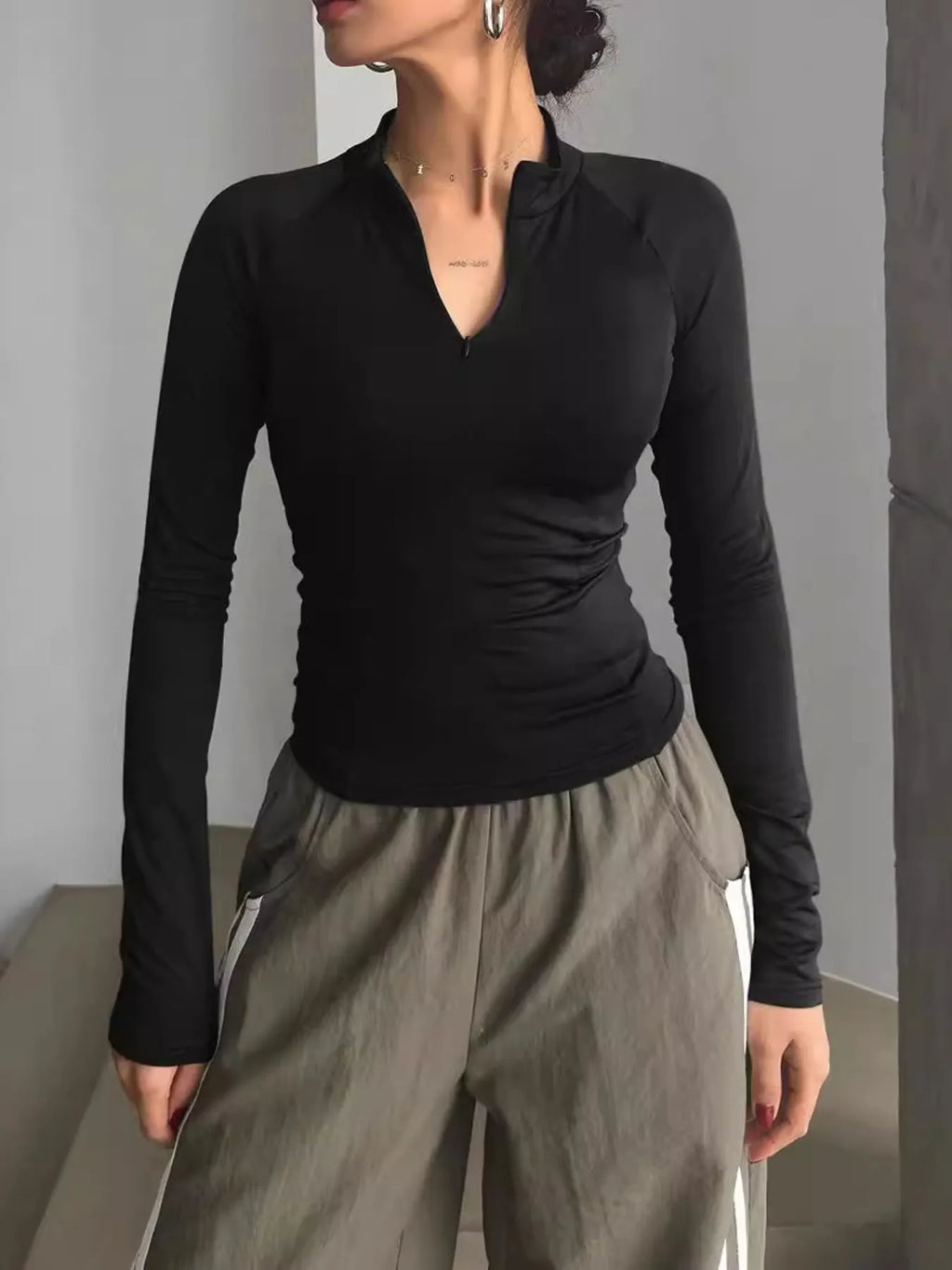 Long Sleeve Zip Front Fitted T-Shirt