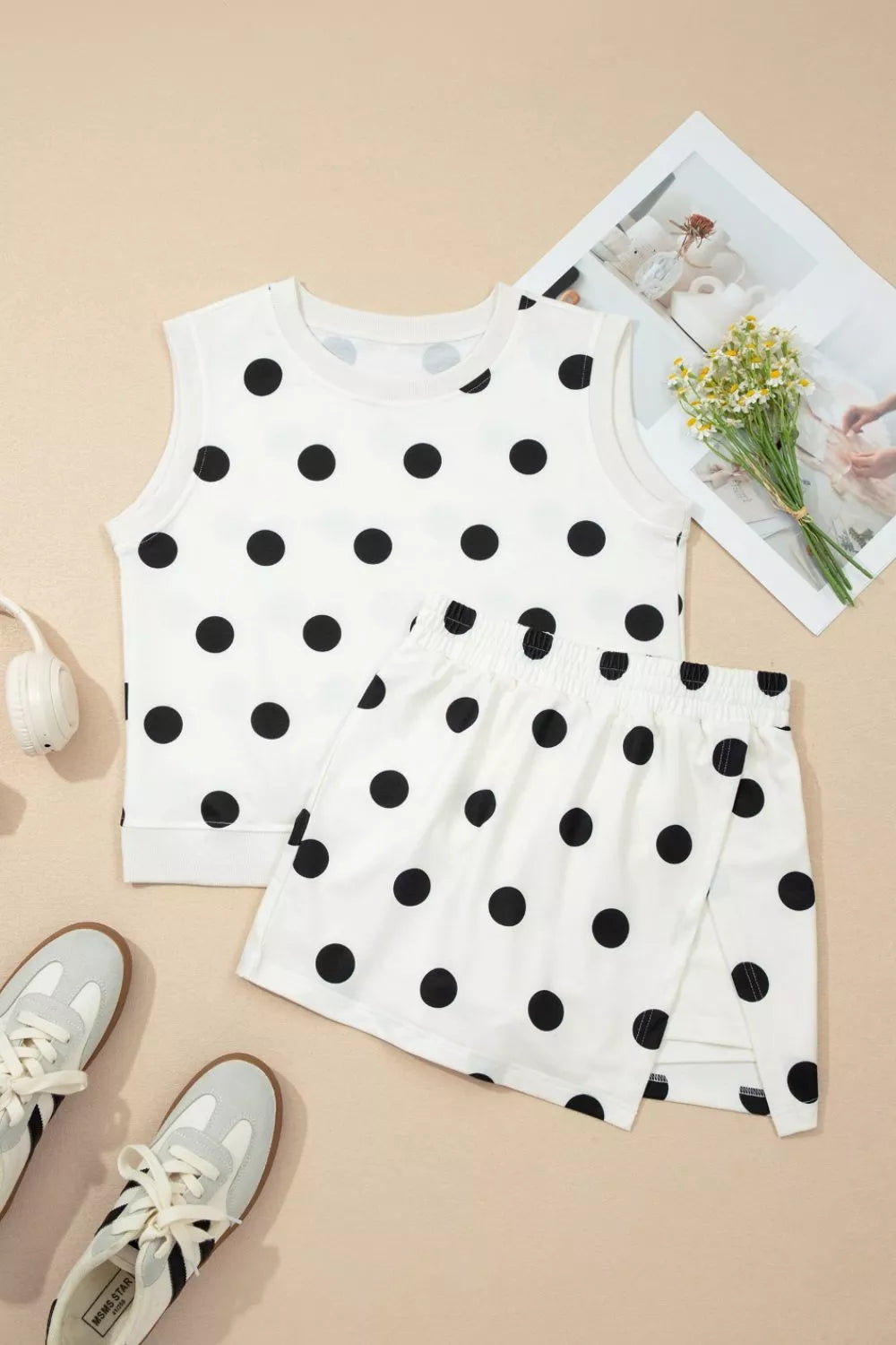 Ribbed Trim Polka Dot Print Tank Split Mini Skort 2pcs Set
