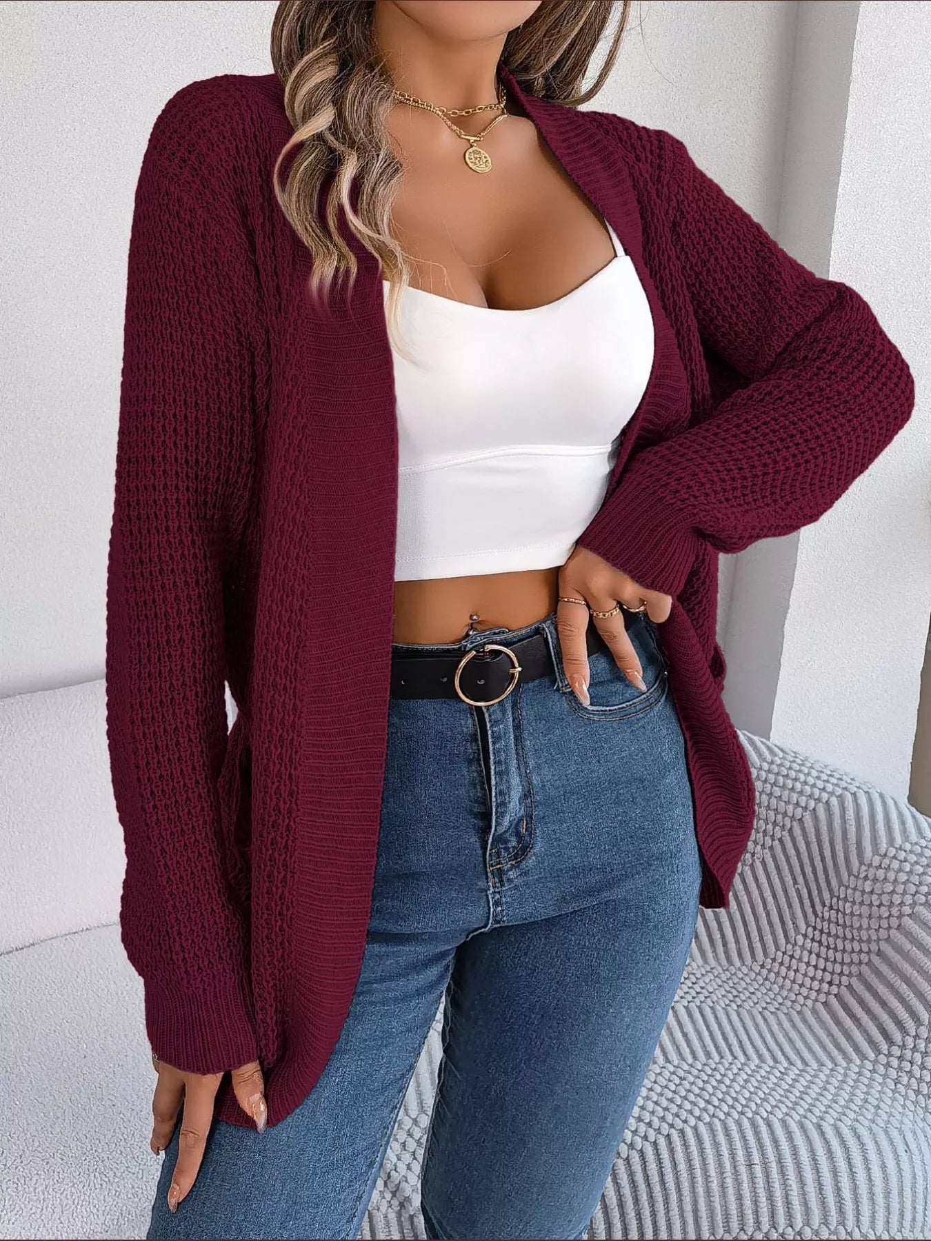 Chunky Knit Open Front Cardigan with Pockets