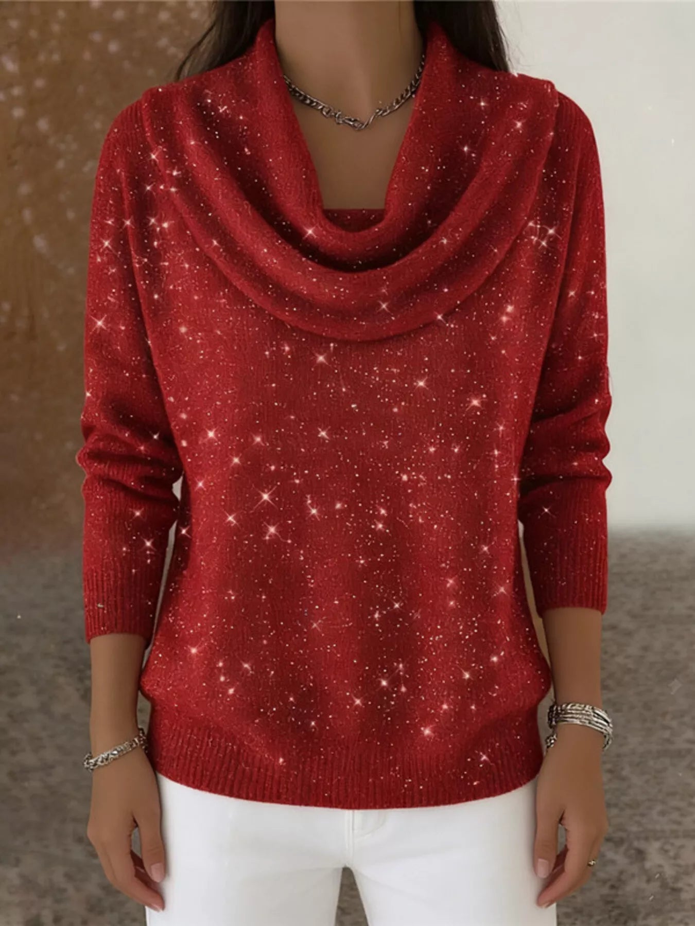 Full Size Glitter Cowl Neck Long Sleeve Sweater Plus Size