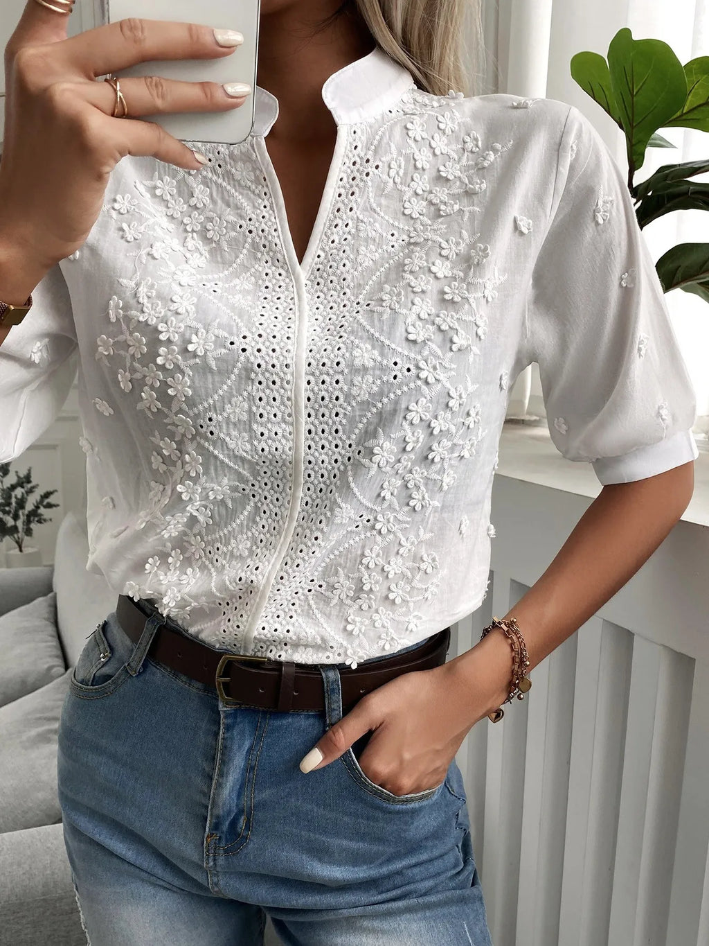 Embroidered Eyelet Notched Half Sleeve Blouse