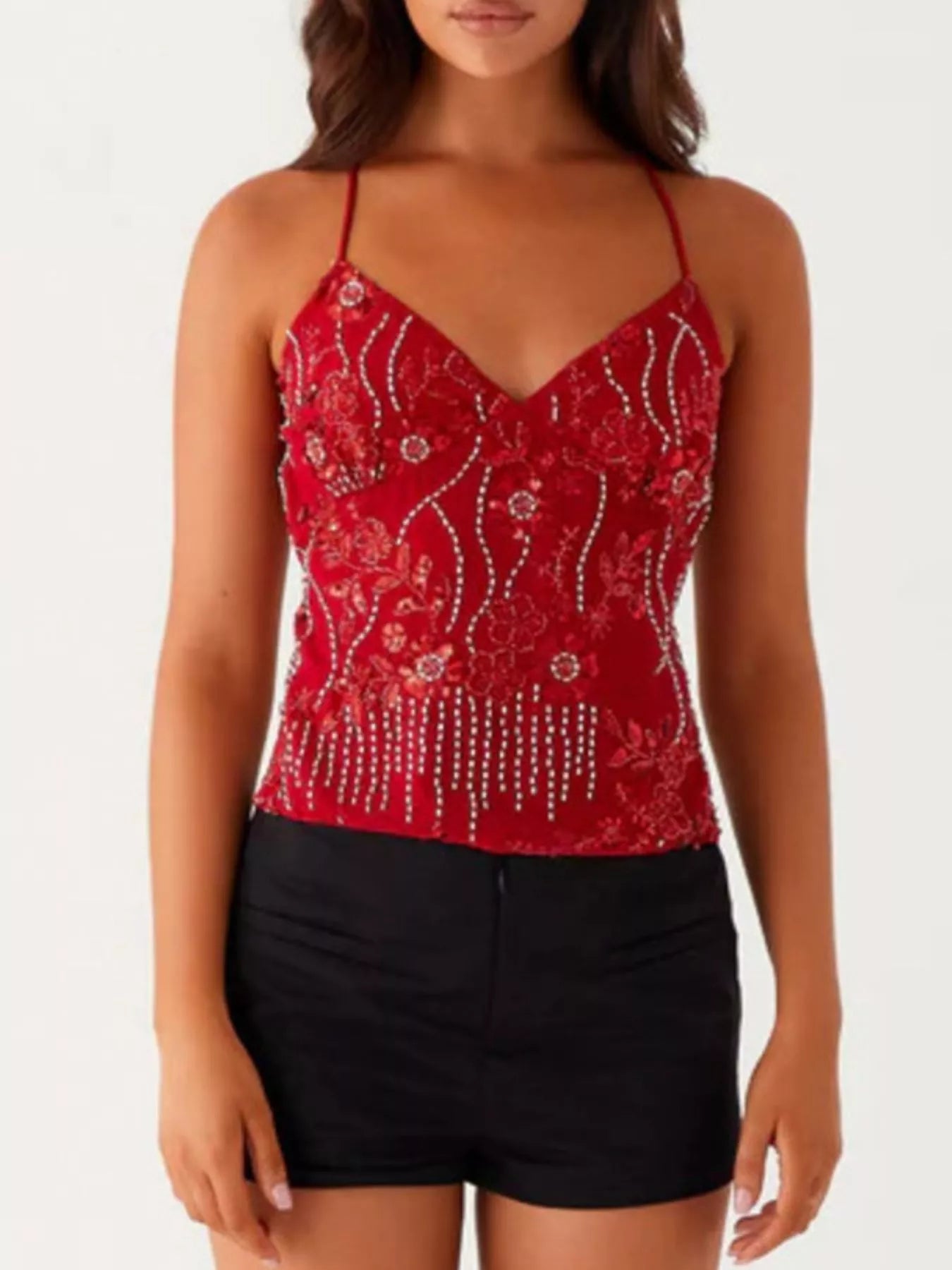 Floral Lace Up Back V-Neck Cami
