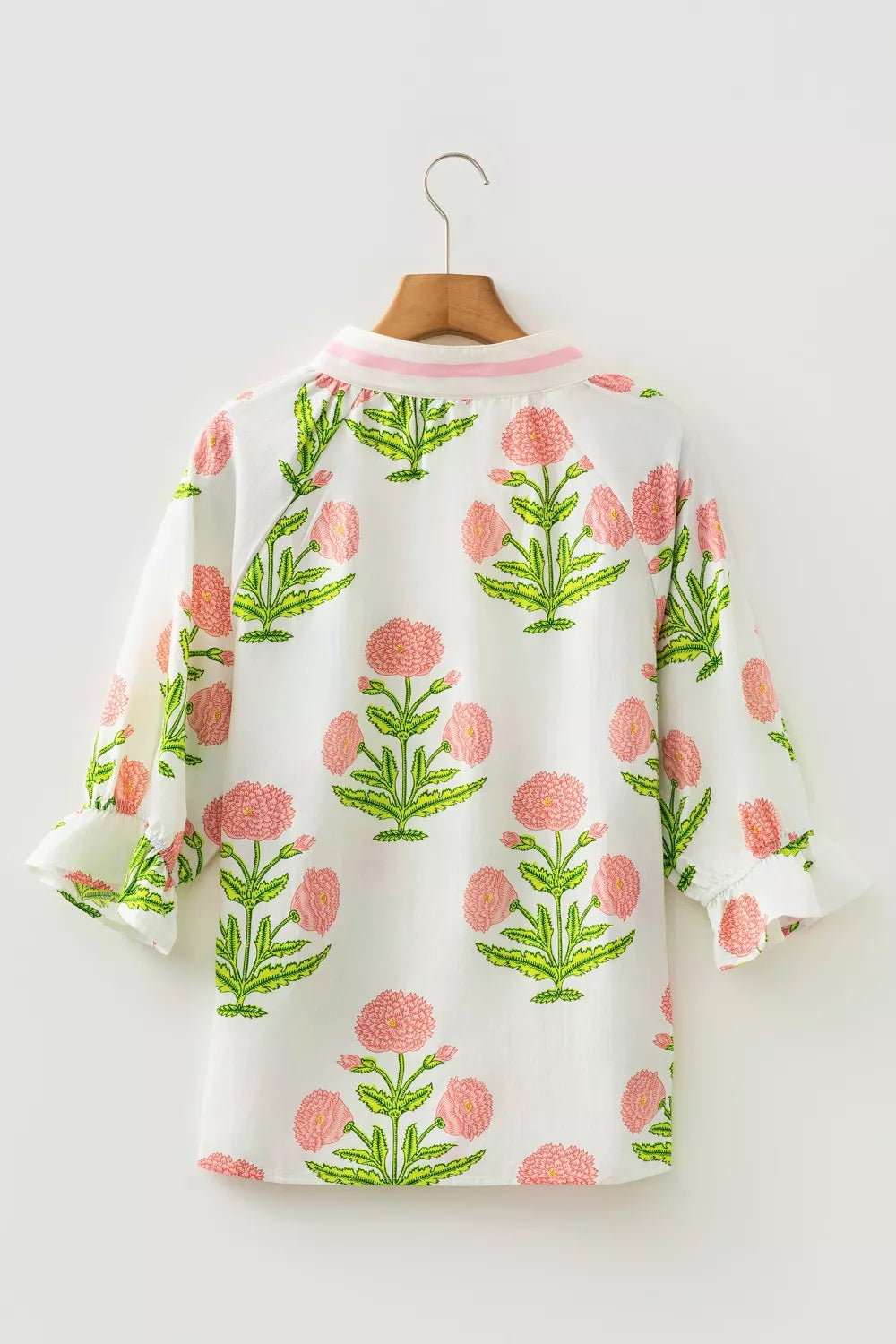Floral Print Notched Ruffled Sleeve Blouse