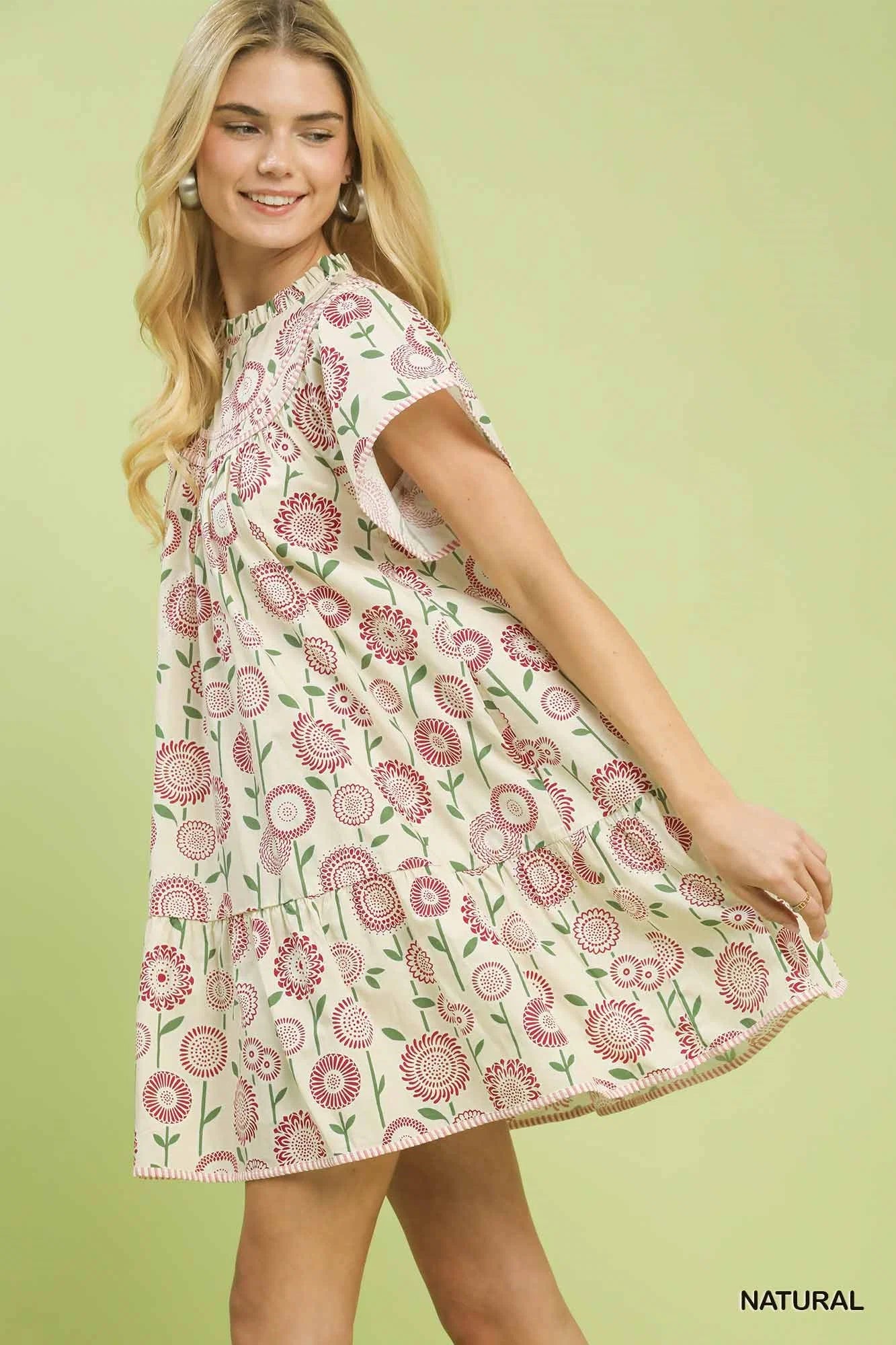 Umgee Floral Print Tiered Babydoll Dress