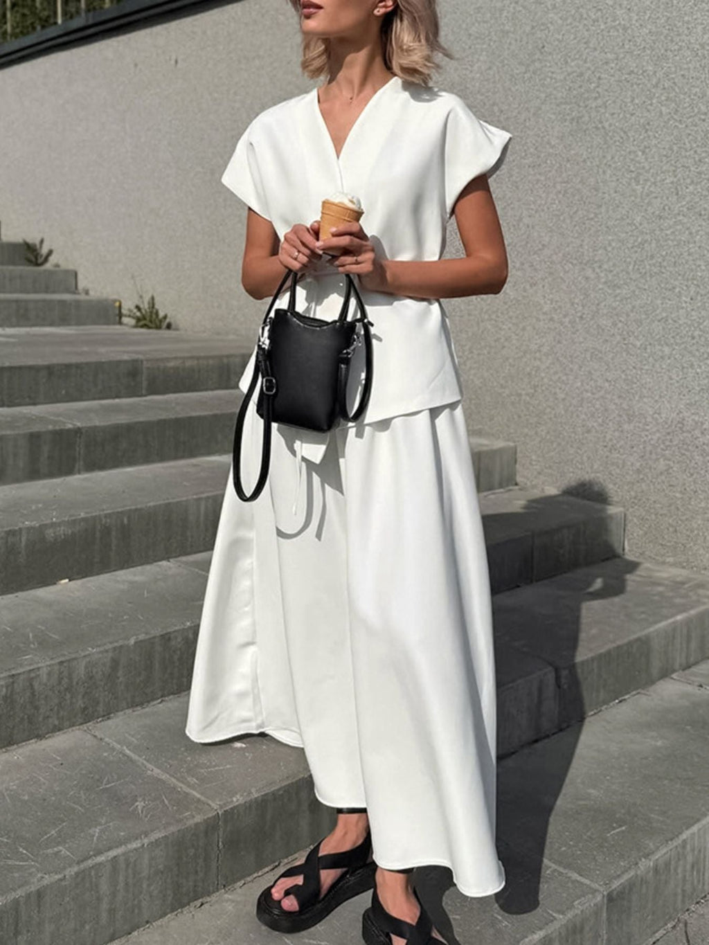One Button Short Sleeve Top and Skirt Set