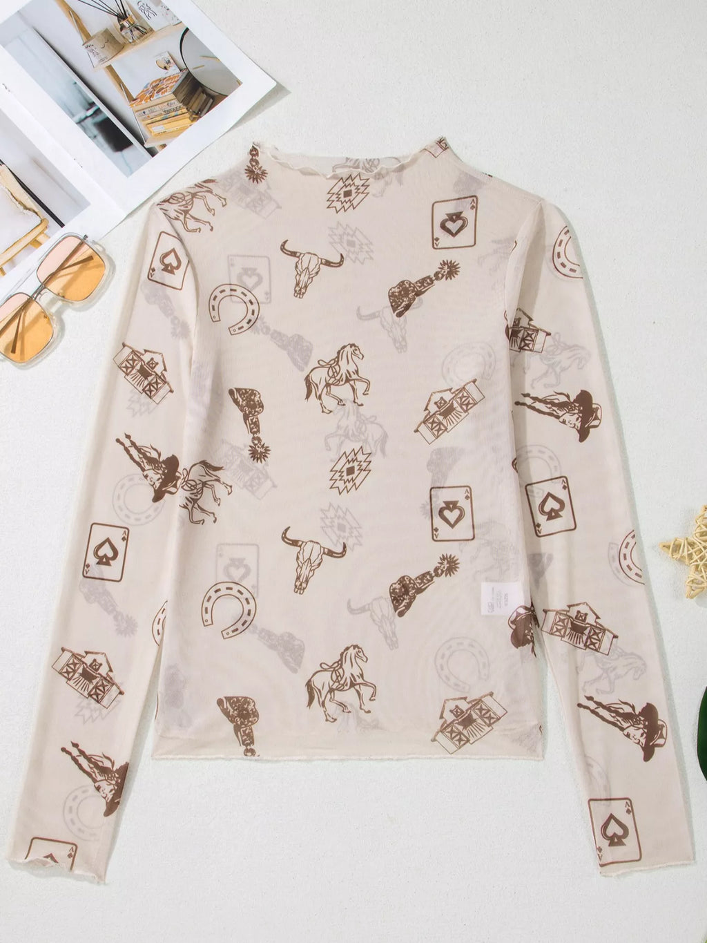 Western Print Slim Fit Mesh Long Sleeve Mock Neck Top