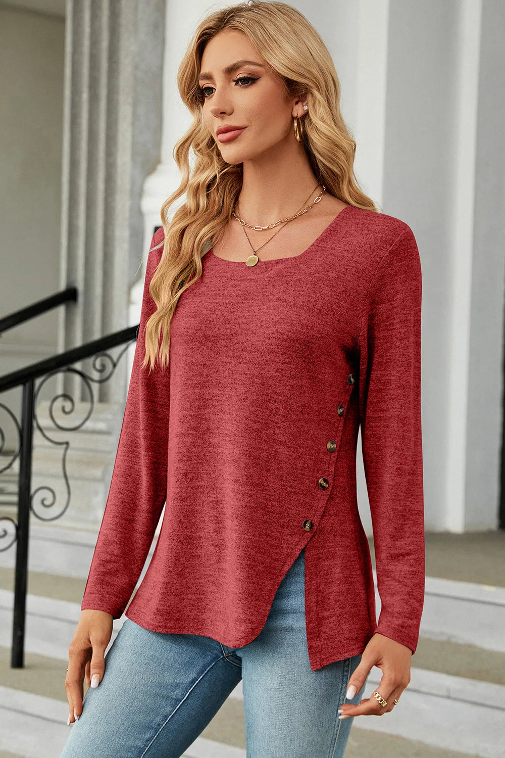 Slit Decorative Button Square Neck T-Shirt