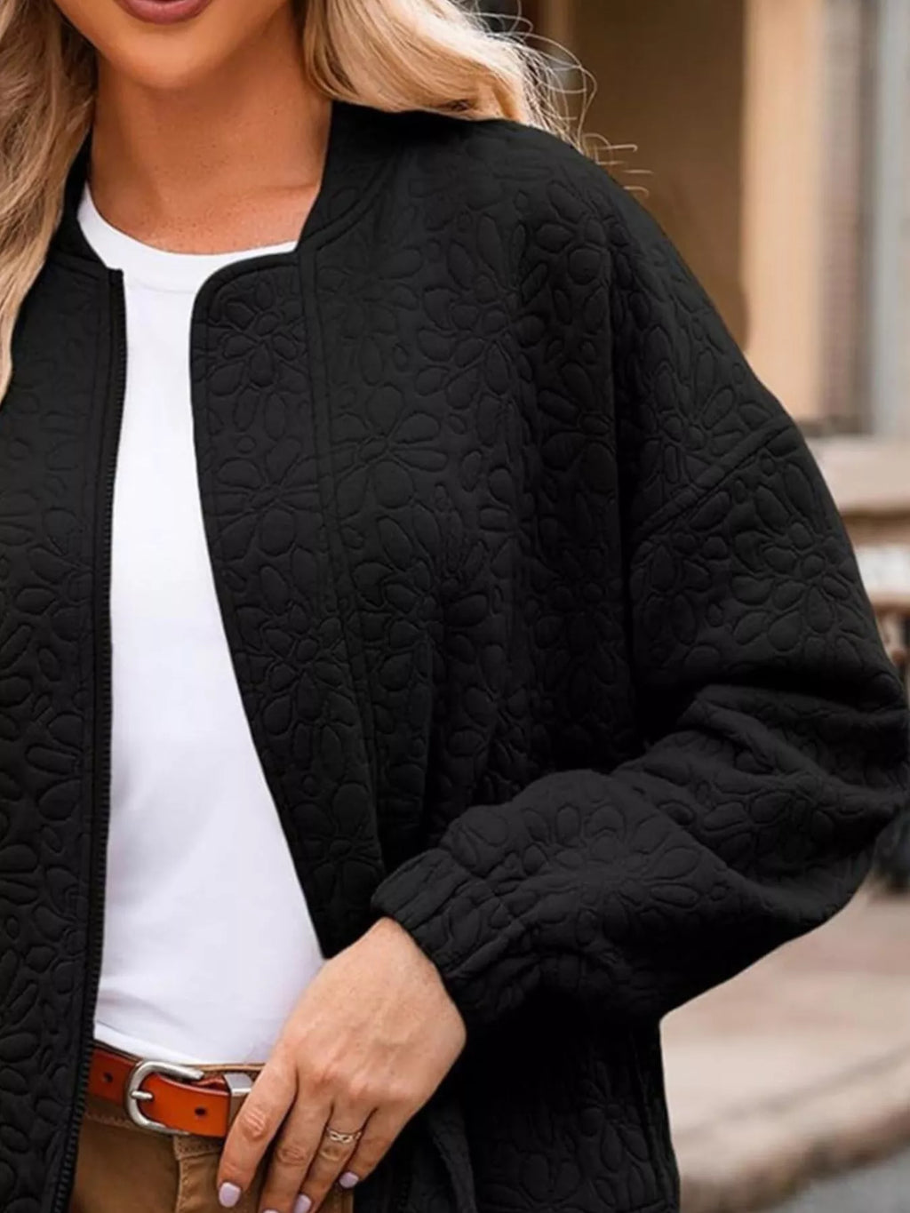 Full Size Floral Quilted Zip Up Jacket Plus Size