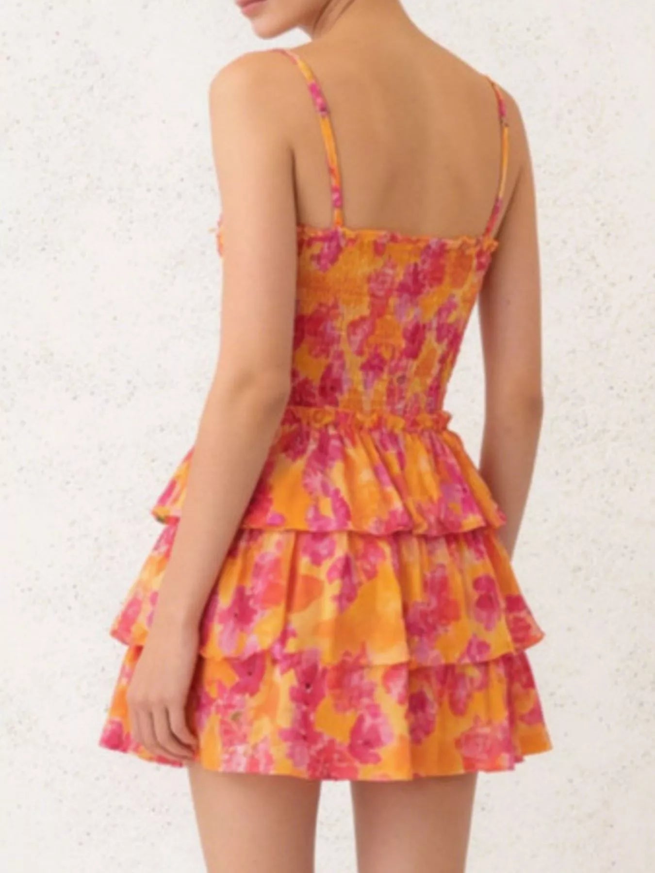 Cutout Floral Print Ruffle Layered Mini Dress