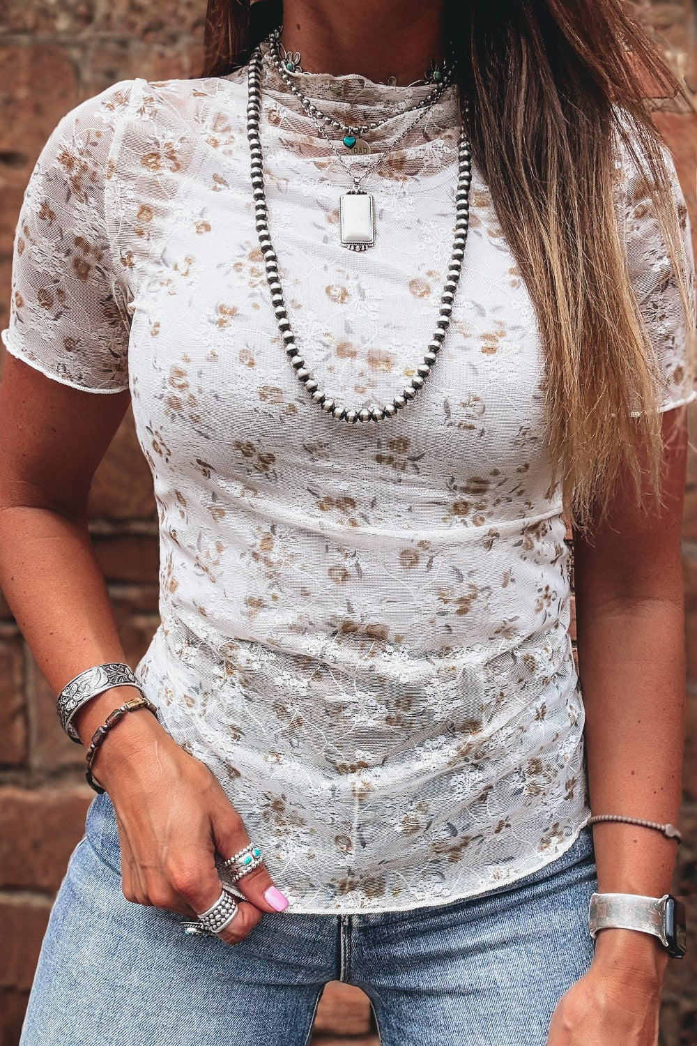 Floral Lace Mock Neck Fitted T-Shirt