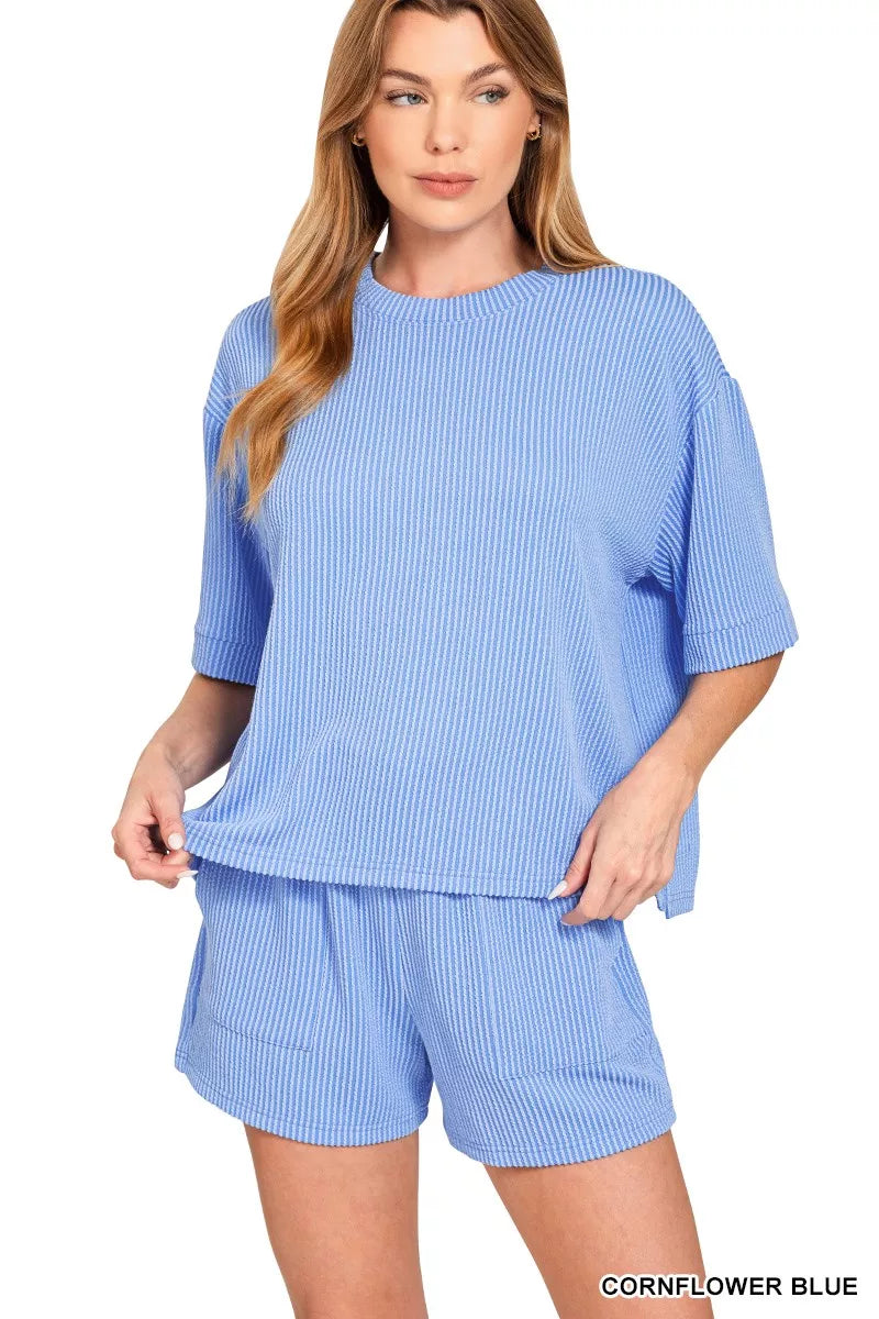 Zenana Raised Rib Short Sleeve Tee and Drawstring Shorts Set