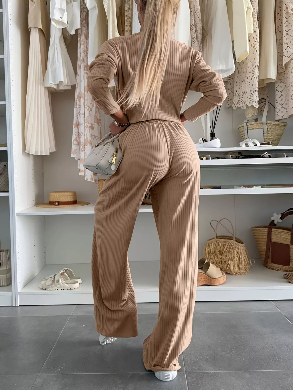 Ribbed Knit Round Neck Top and Pants Set