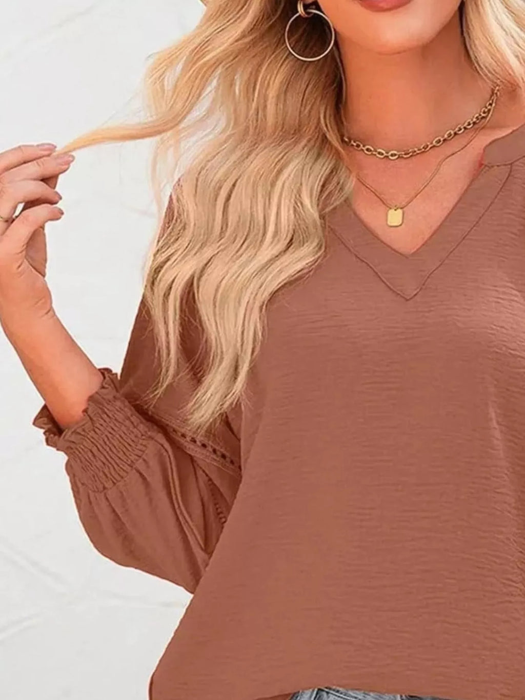 Solid Color Smocked Long Sleeve Blouse