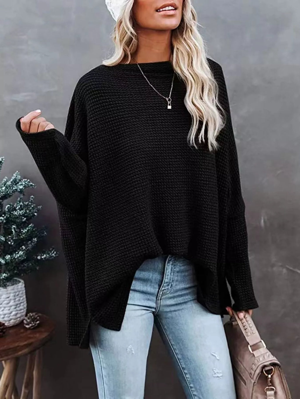 Waffle Knit Boat Neck T-Shirt