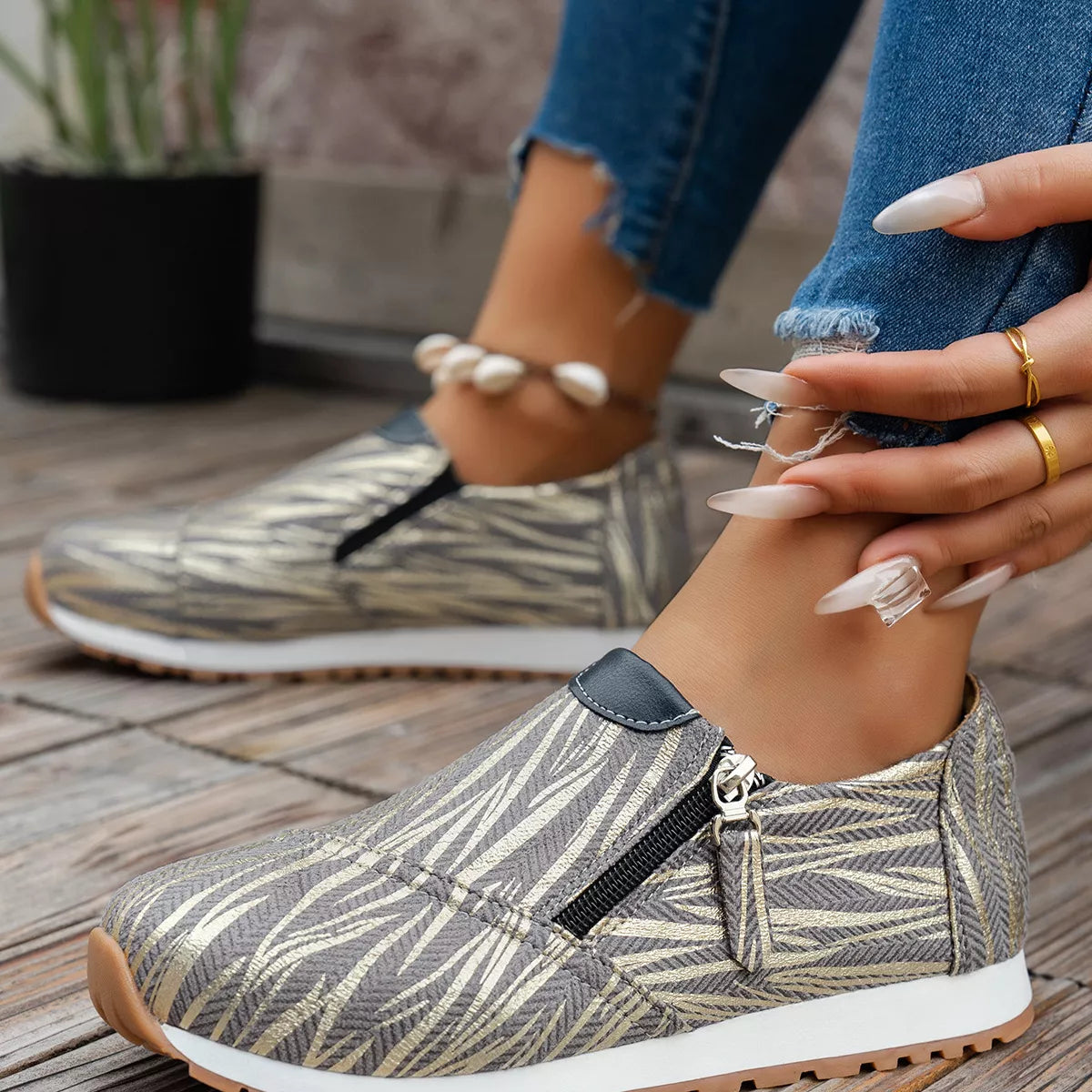 Round Toe Zipper Detail Slip-Ons