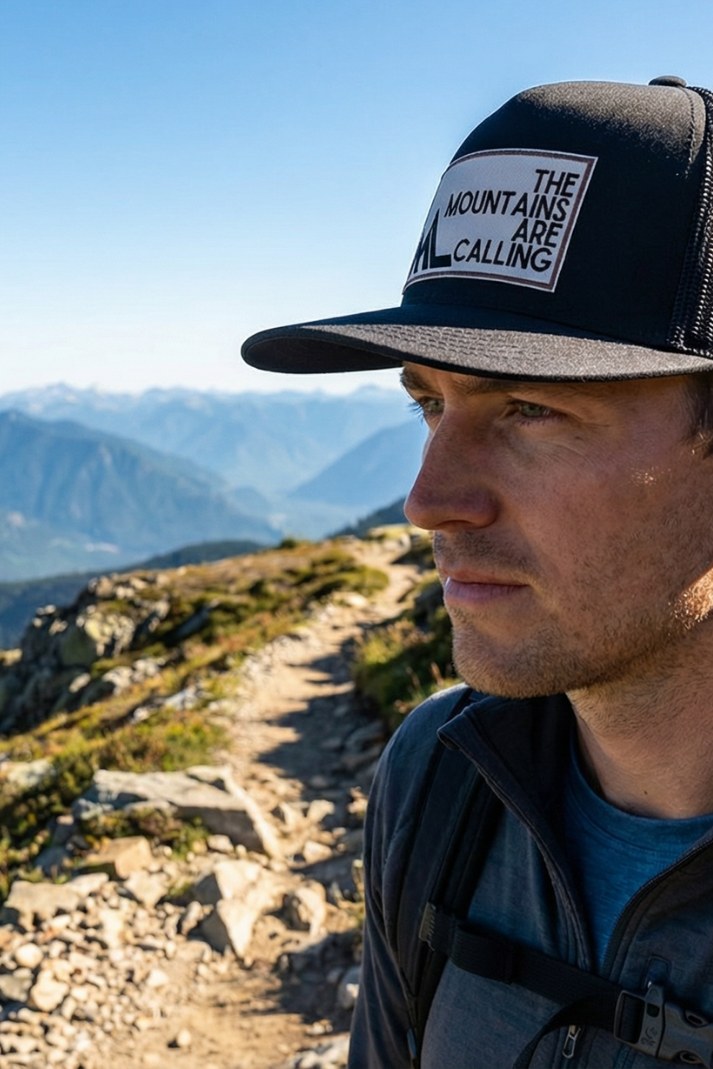 The Mountains Are Calling - Embroidered Patch on Structured Trucker Hat