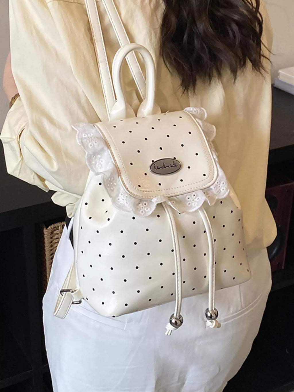 Polka Dot Lace Trim Backpack Bag