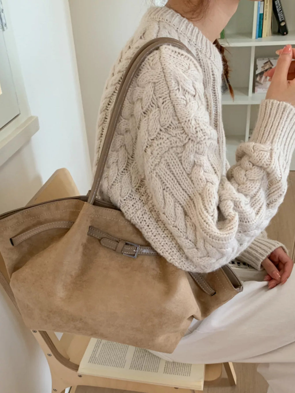 Solid Color Buckle Tote Bag