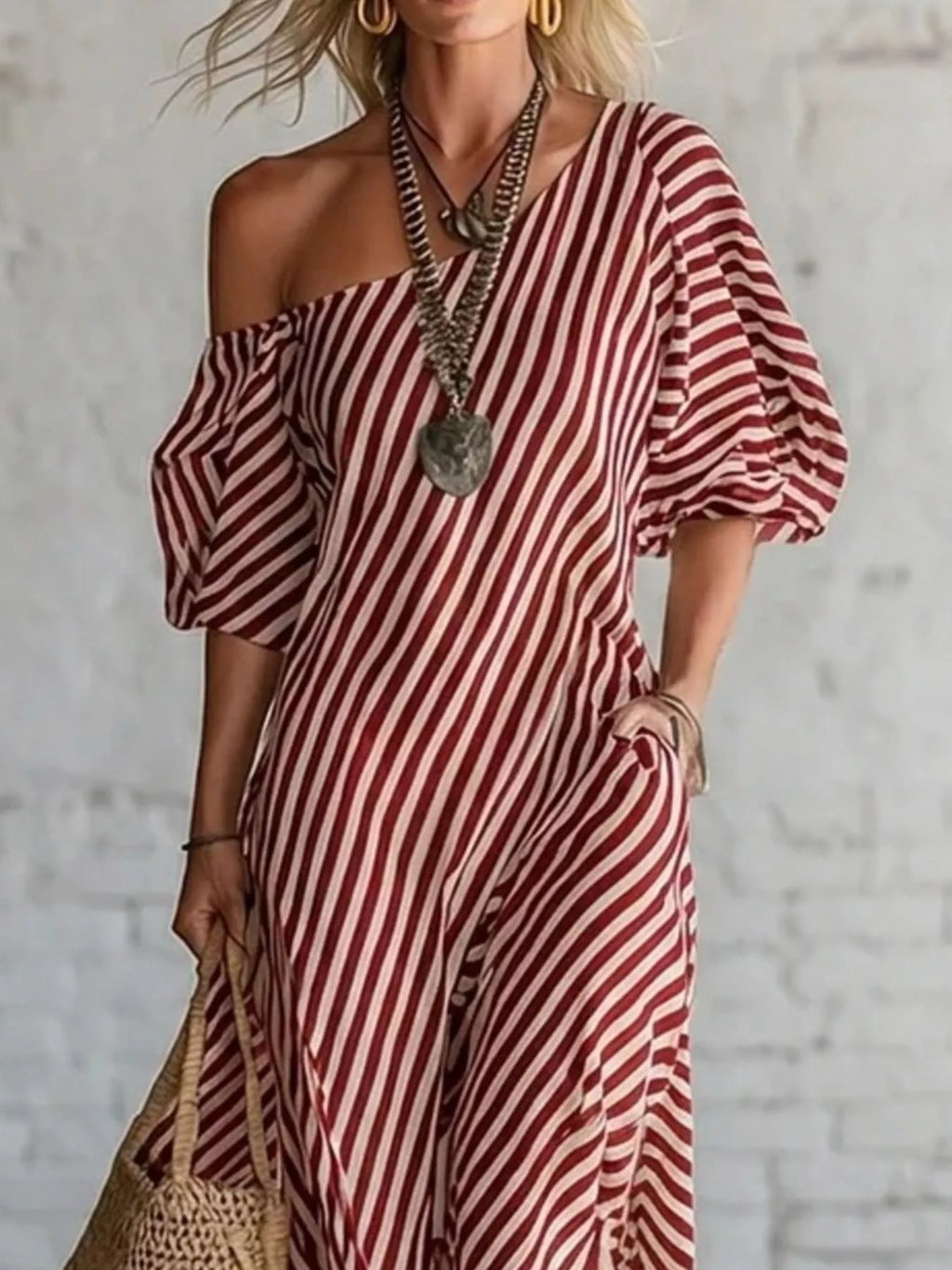 Full Size Striped One-Shoulder Casual Maxi Dress Plus Size