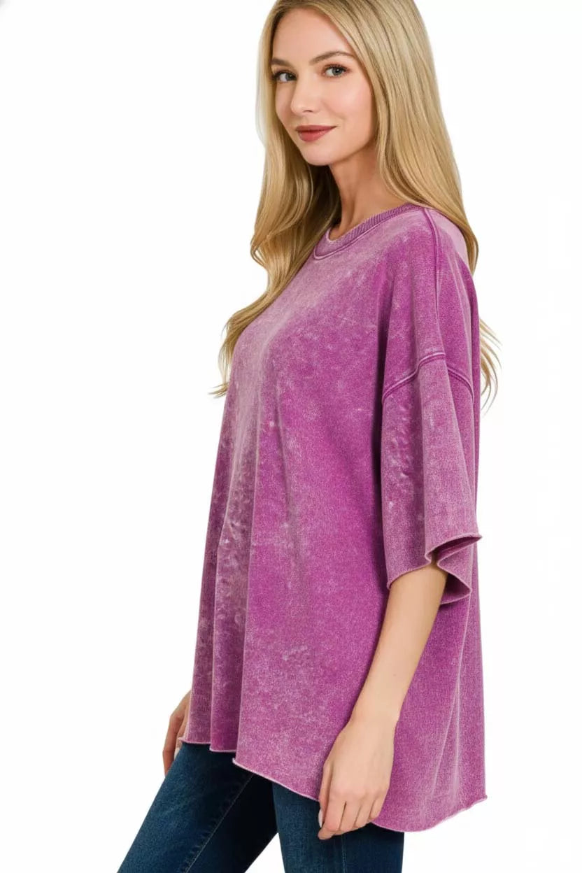 Zenana French Terry Washed Drop Shoulder Short Sleeve Top